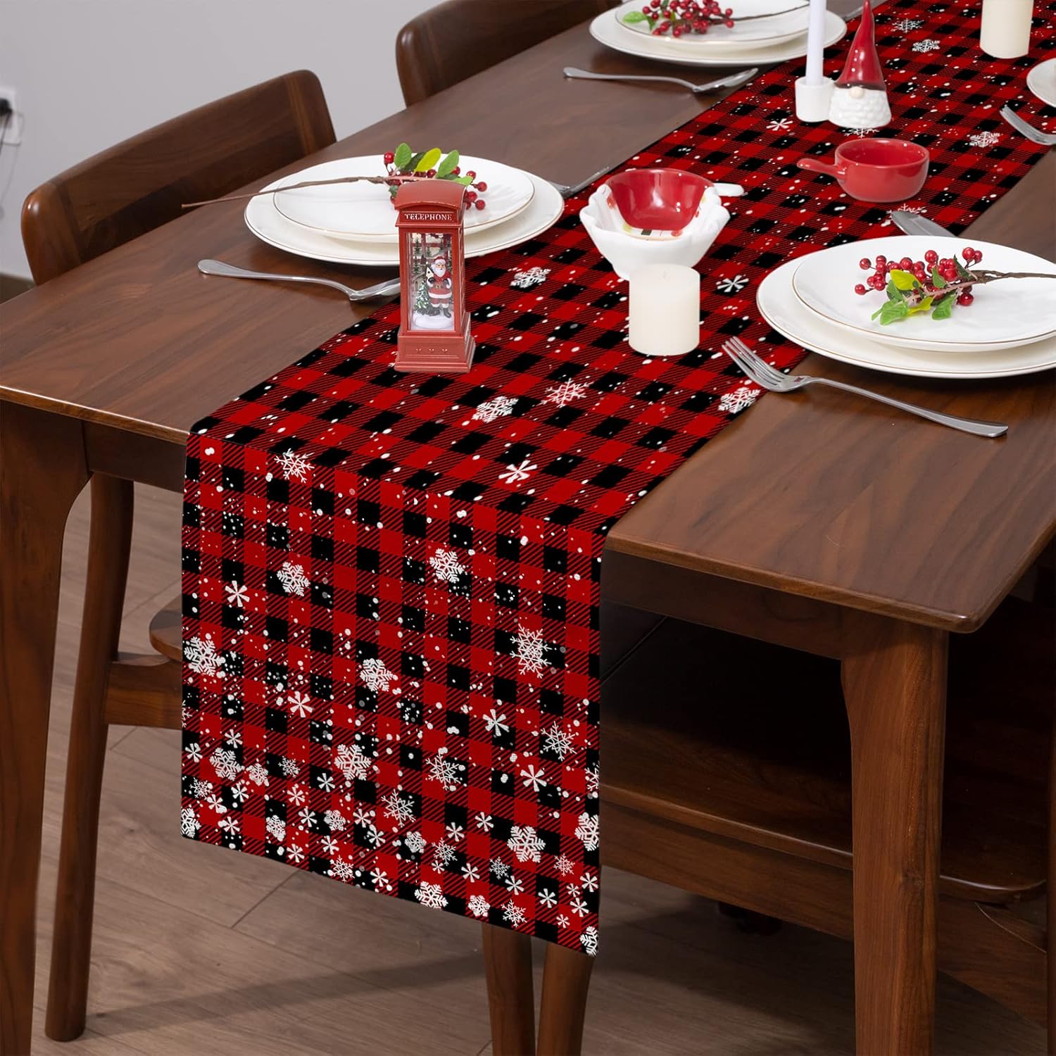 Camino de mesa de Navidad de búfalo rojo a cuadros de copo de nieve de 90 pulgadas de largo, decoración de mesa de comedor de cocina de invierno