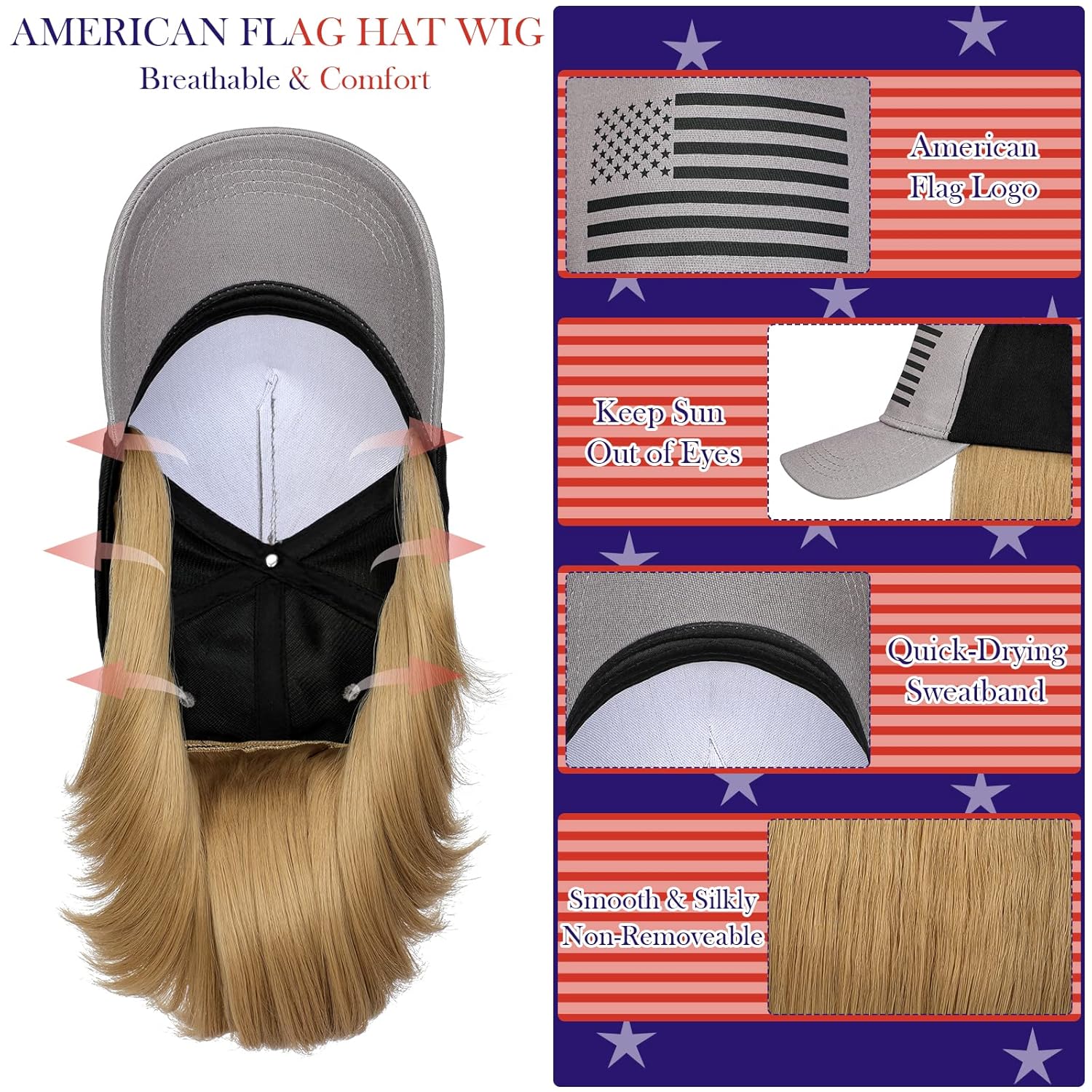 Sombrero de bandera estadounidense con extensiones de cabello, peluca de bandera de Estados Unidos, ajustable, recto, corto, 14 pulgadas, sintético,