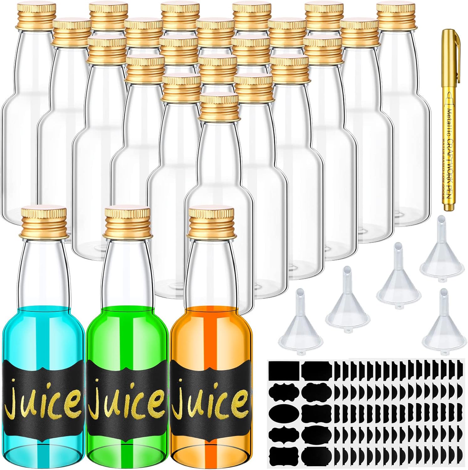 Paquete de 50 mini botellas de licor reutilizables vacías con tapas de rosca doradas, mini botellas de vino de plástico de 1.8 onzas con 5 embudos