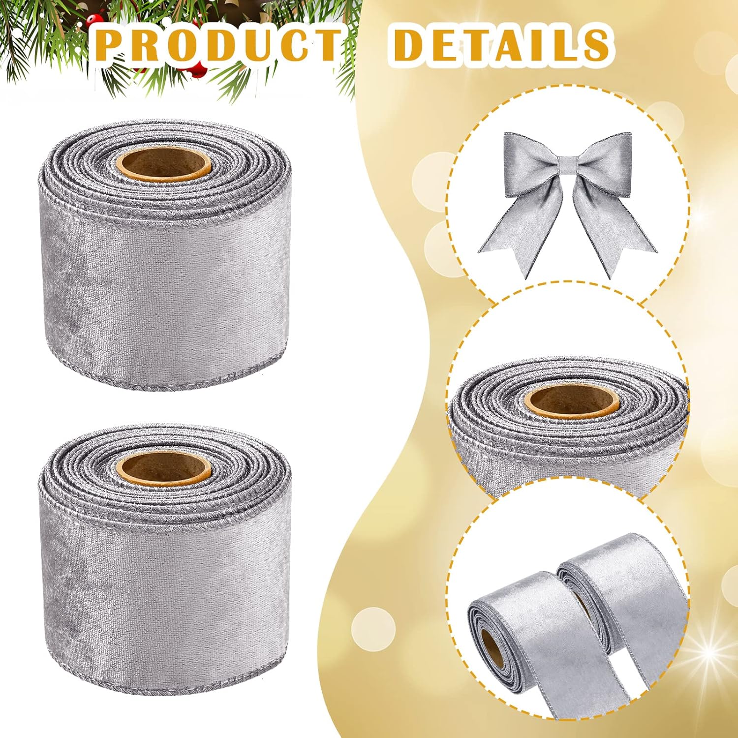 2 rollos de cinta de terciopelo de Navidad de 2.5 pulgadas, 10 yardas, de una sola cara, de terciopelo liso de Navidad para envolver regalos,