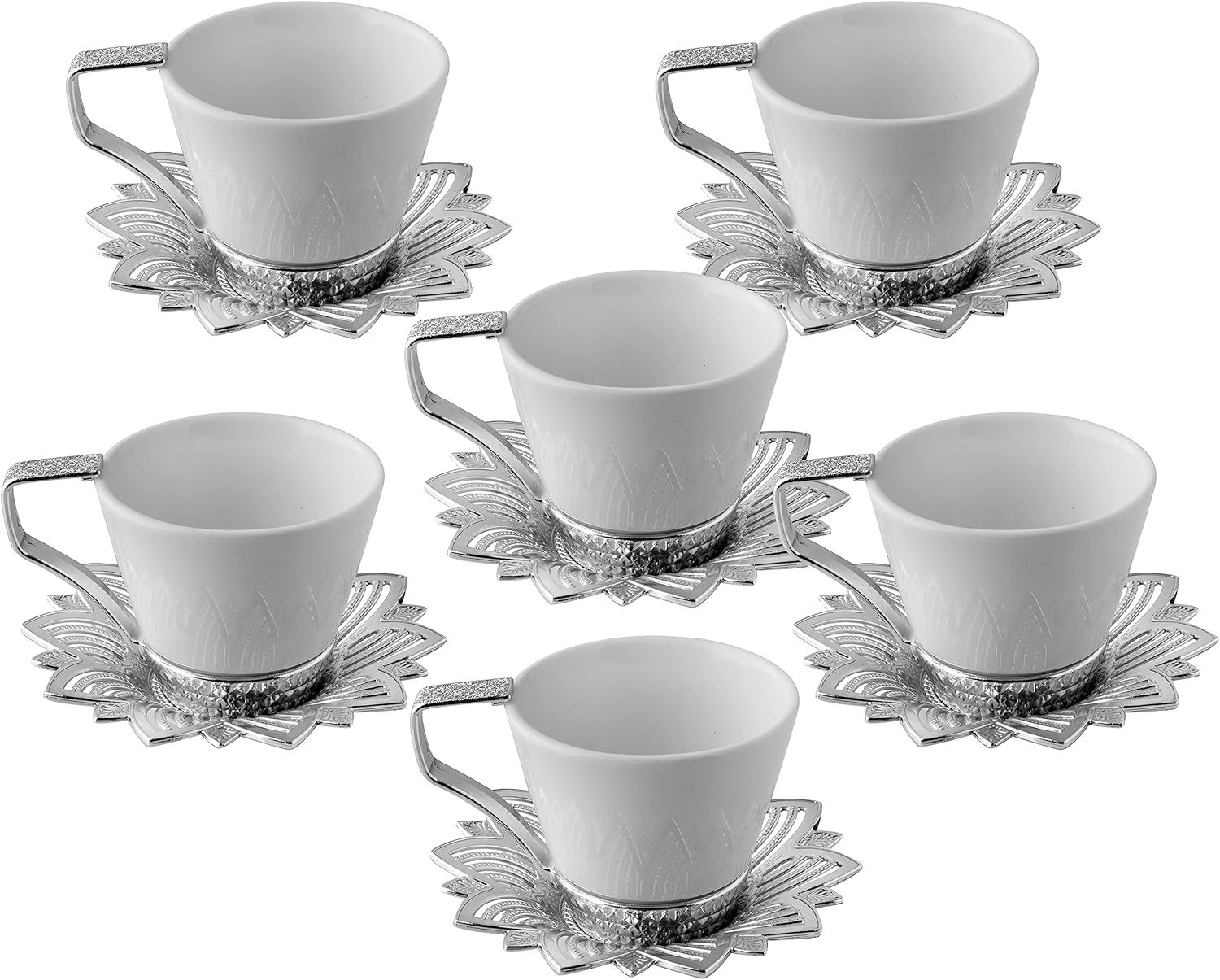 Juego de tazas de café turco expreso con soportes metálicos y platillos (blanco-plateado)