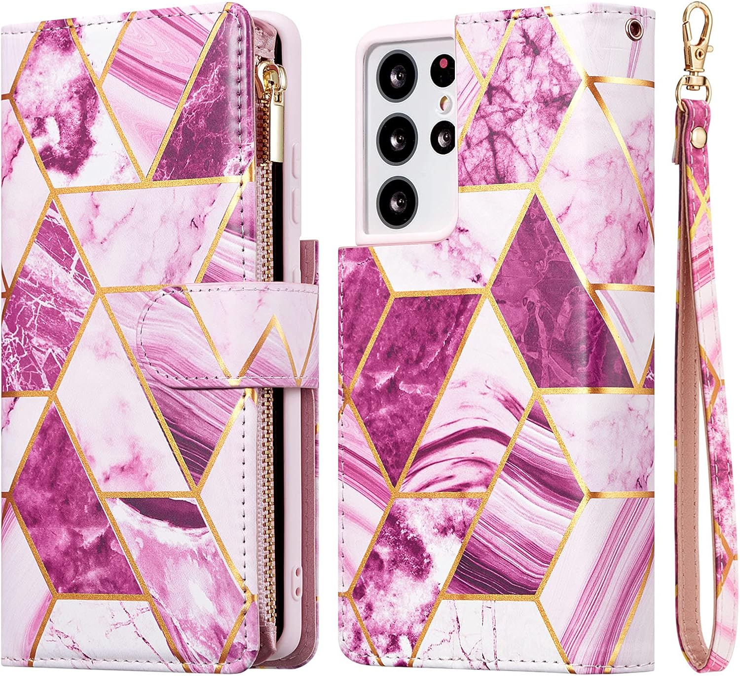 UEEBAI Funda tipo cartera para Samsung Galaxy S22 Ultra 5G, piel sintética de alta calidad, cierre magnético, bolsillo con cremallera, ranuras para
