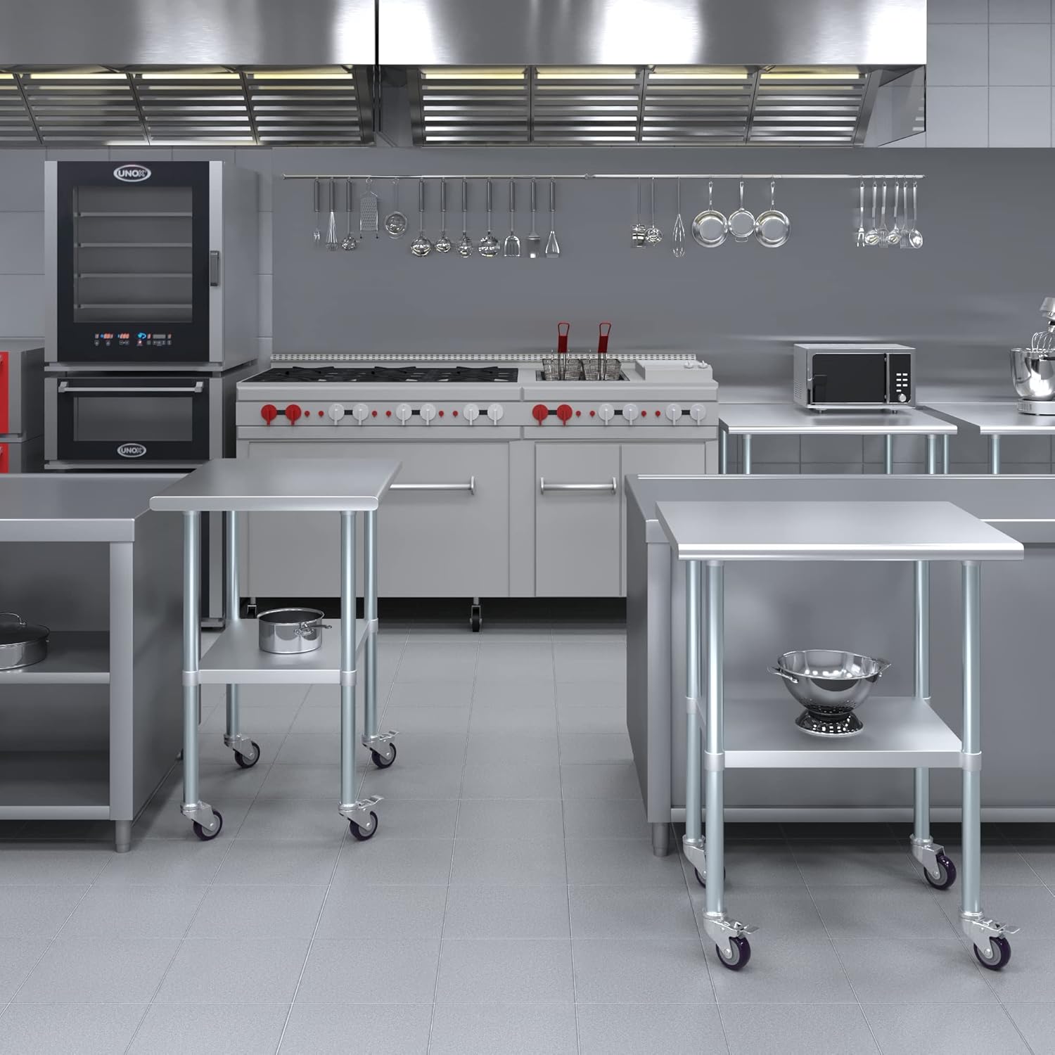 AmGood Mesa de trabajo de acero inoxidable de 24 x 30 pulgadas con ruedas, mesa de metal resistente sobre ruedas, carrito de isla de cocina