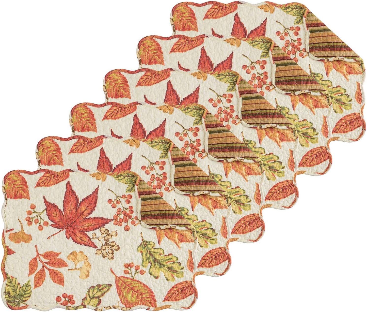 C&F Home Rylie – Juego de 6 manteles individuales acolchados de algodón, rectangulares, oblongos, lavables a máquina, hojas florales, cosecha de