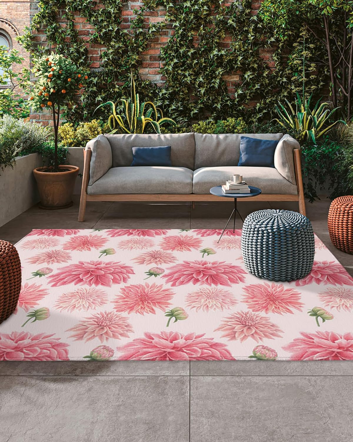 Outdoor Rug Carpet Waterproof 4×6 ft Area Rug, Pink Floral Large Floor Mat for Patio Balcony Living Room Backyard Picnic Beach RV Camping Rug