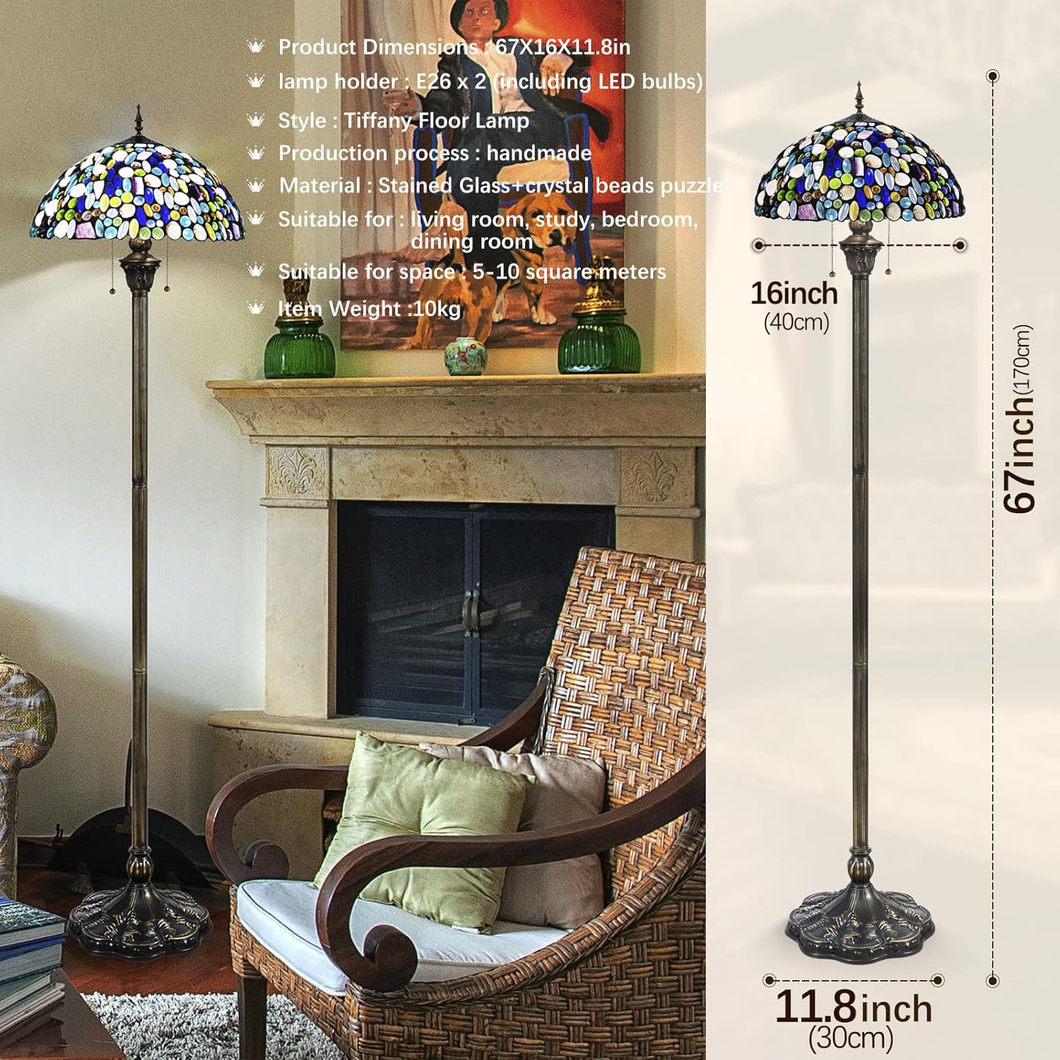 Tiffany – Lámpara de pie estilo Tiffany con carcasa natural y amatista, 70 pulgadas de alto, luz de lectura de pie Tiffany antigua para esquina,