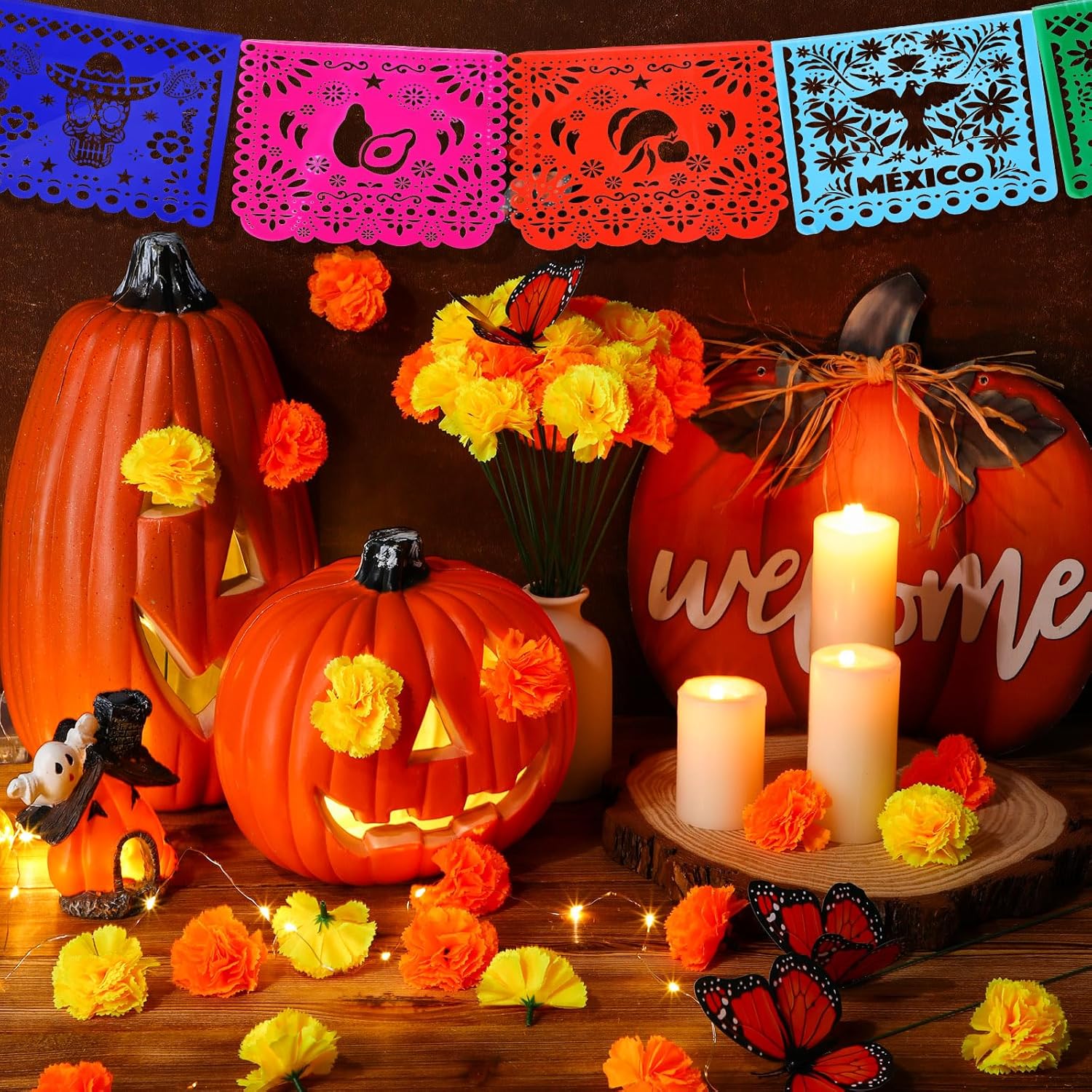 120 piezas de decoración del Día de los Muertos, flores artificiales de caléndula de seda con tallos, mariposas monarca falsas para Diwali Dia De