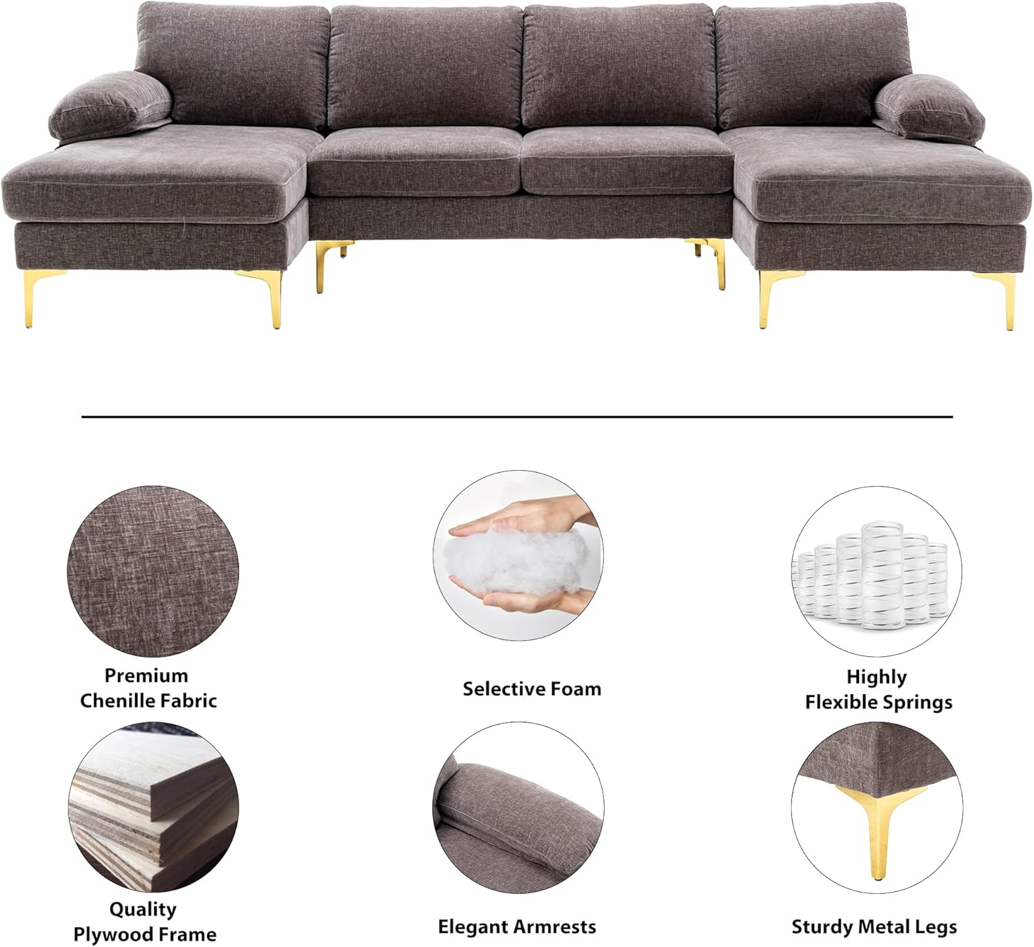 Olela Sofá modular en forma de U, moderno sofá modular de tela de chenilla grande, sofá extra ancho con diván y patas doradas para sala de estar