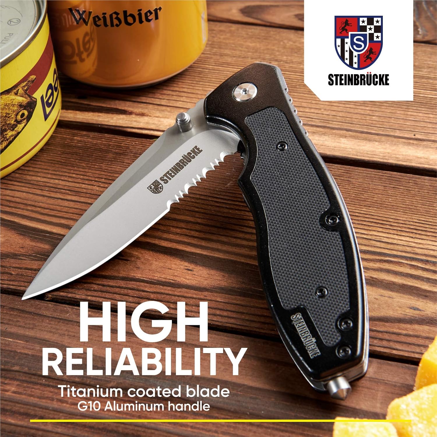 Steinbrucke EDC Cuchillo de bolsillo para hombre, cuchillo Sandvik 14C28N de 3.4 pulgadas, hoja dentada de acero inoxidable mango de aluminio G10