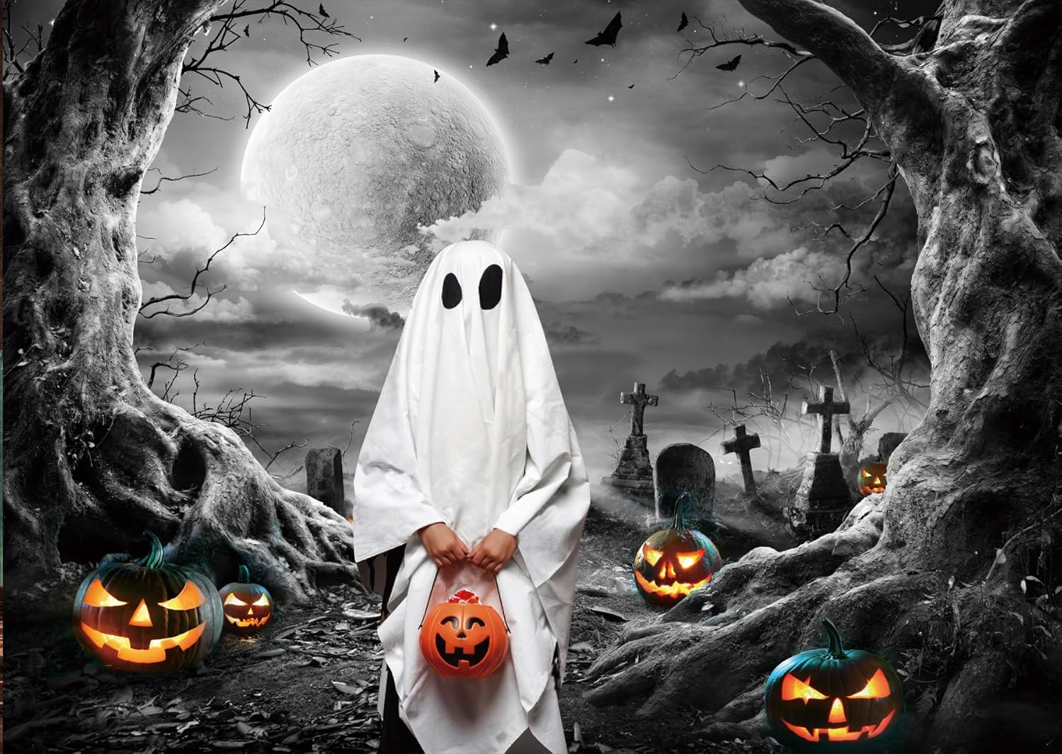 LTLYH Telón de fondo de fotografía de Halloween de 7 x 5 pies, decoración de noche de terror, telón de fondo de fotos de calabaza aterradora, luna,