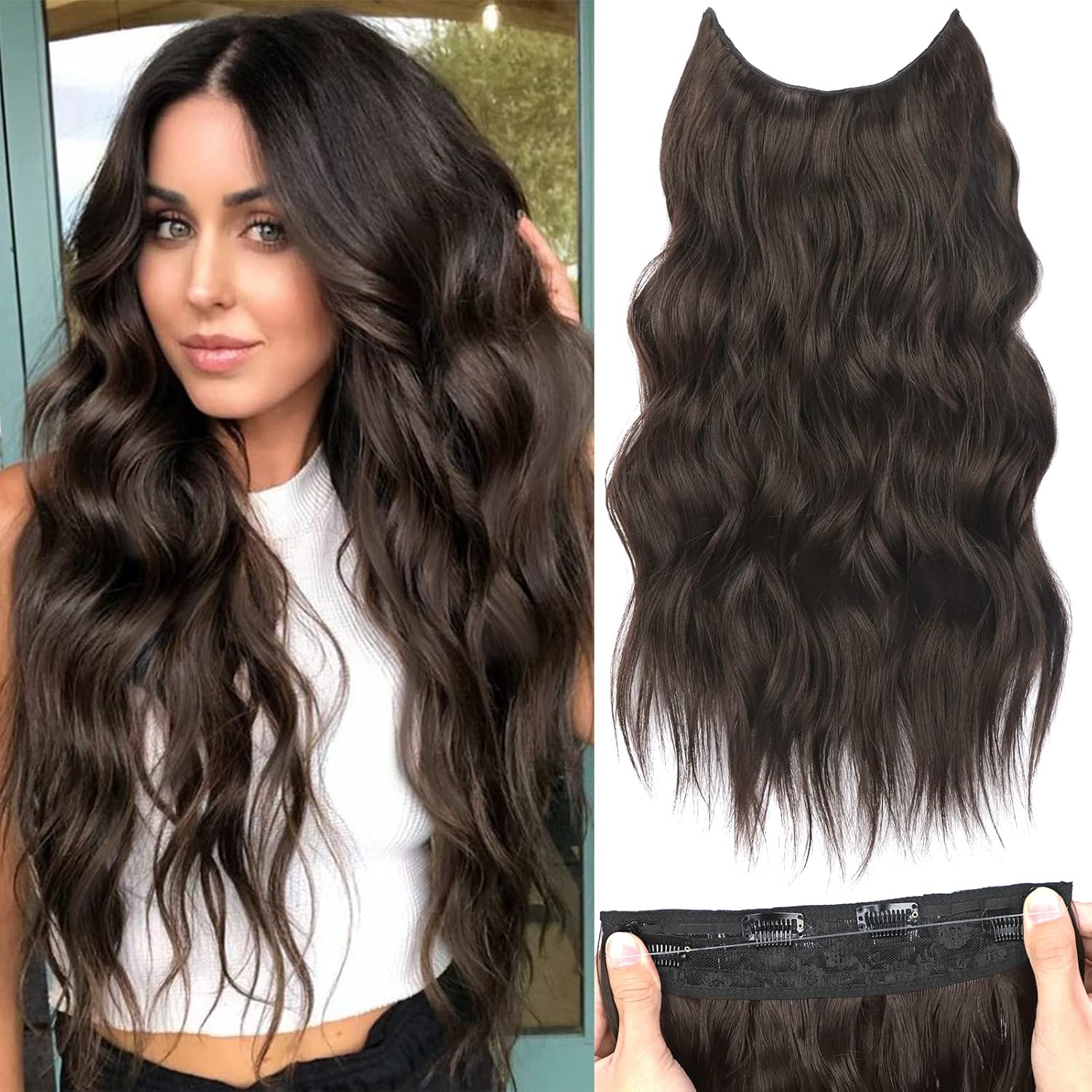 Extensiones de cabello sintético largo ondulado de 20 pulgadas con alambre transparente ajustable, con 4 clips seguros, para uso diario en fiestas