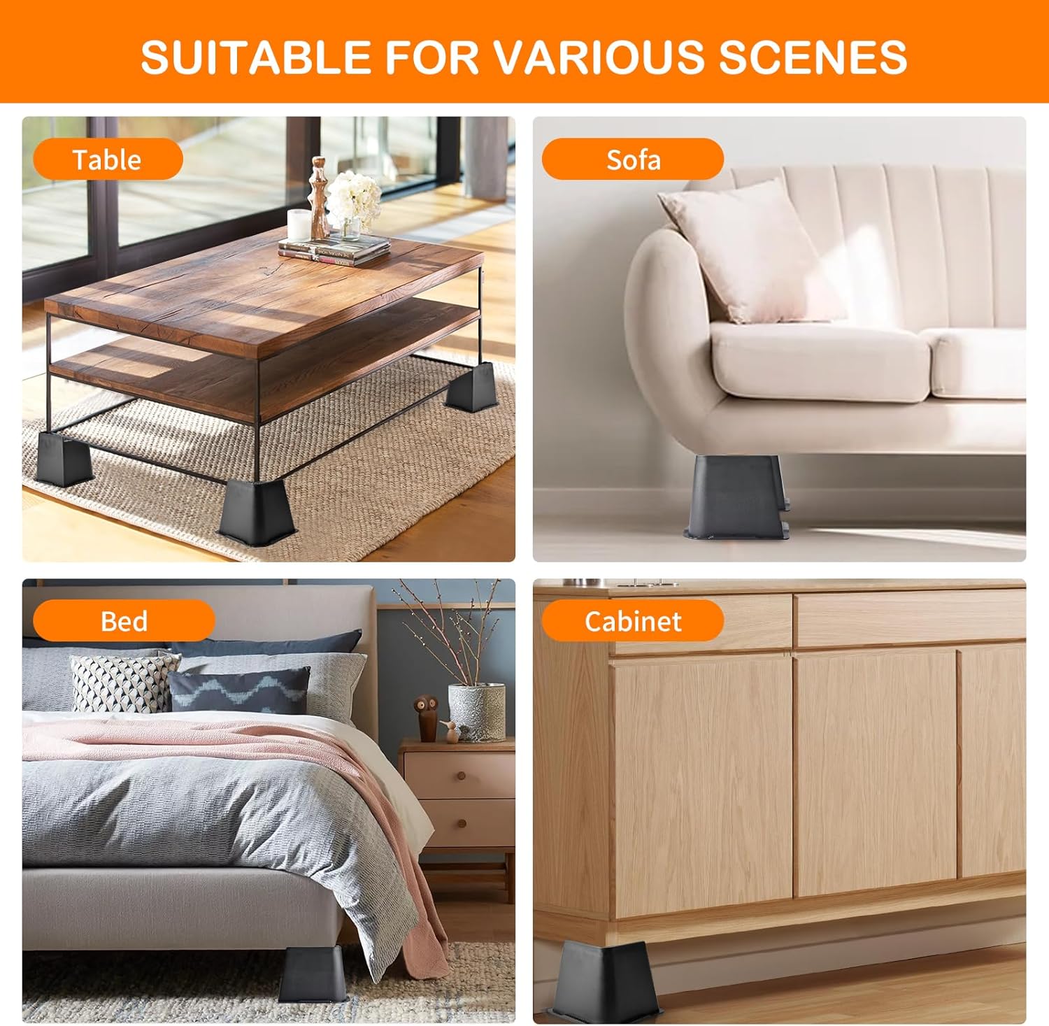 Elevadores de cama resistentes de 4 pulgadas, elevadores de muebles con plástico duradero, elevadores de cama de gran tamaño que soportan hasta