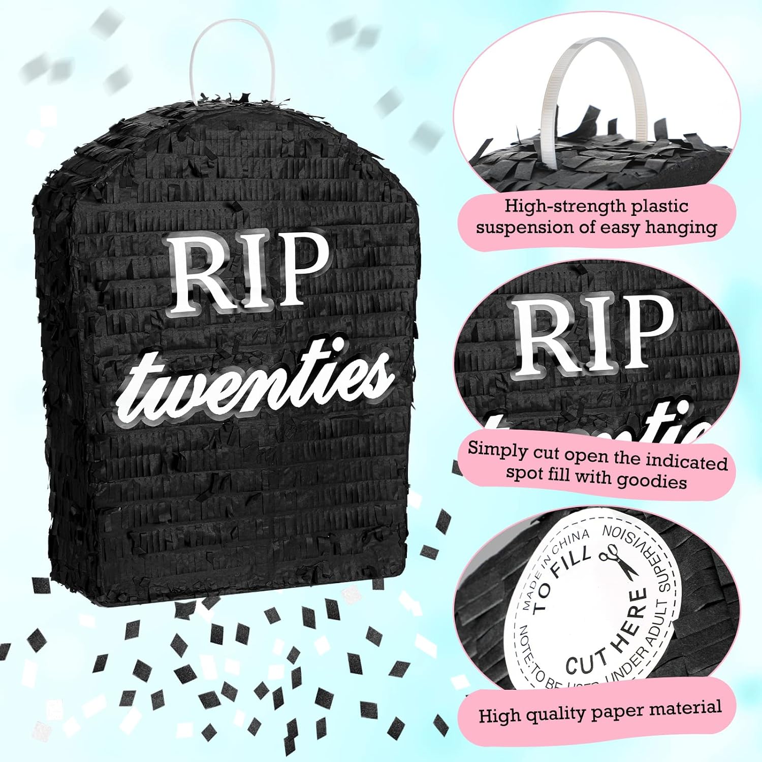 Sratte Rip Twenties Piñata divertida de 10 x 14.8 x 2.7 pulgadas, piñata funeraria con palo para los ojos vendados y papel de confeti, se adapta a