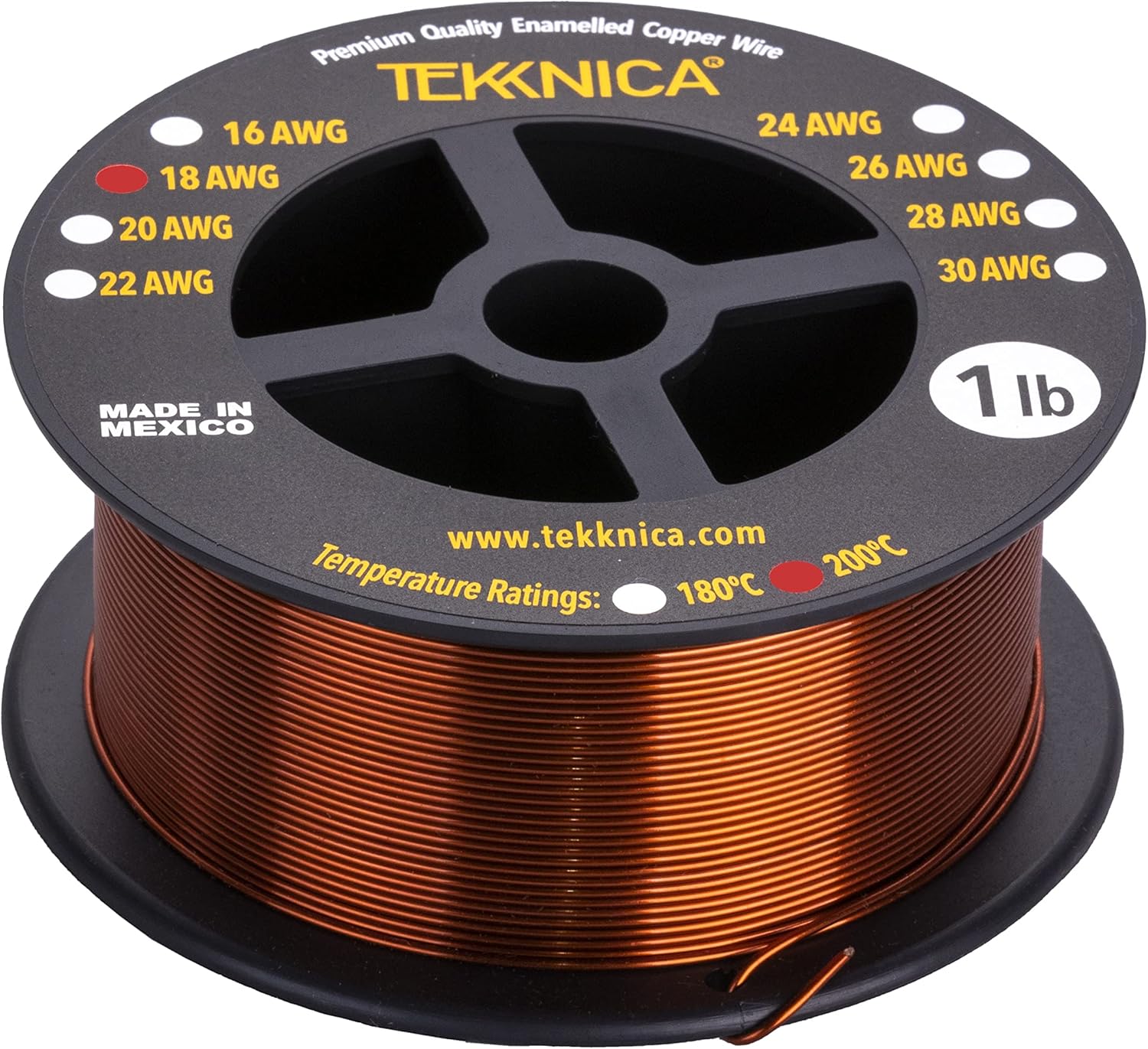Alambre magnético 18 AWG – Alambre de bobinado magnético esmaltado -100% cobre – 1.0 lb – 0.0431″ Diámetro – Clasificación de temperatura 392.0 F
