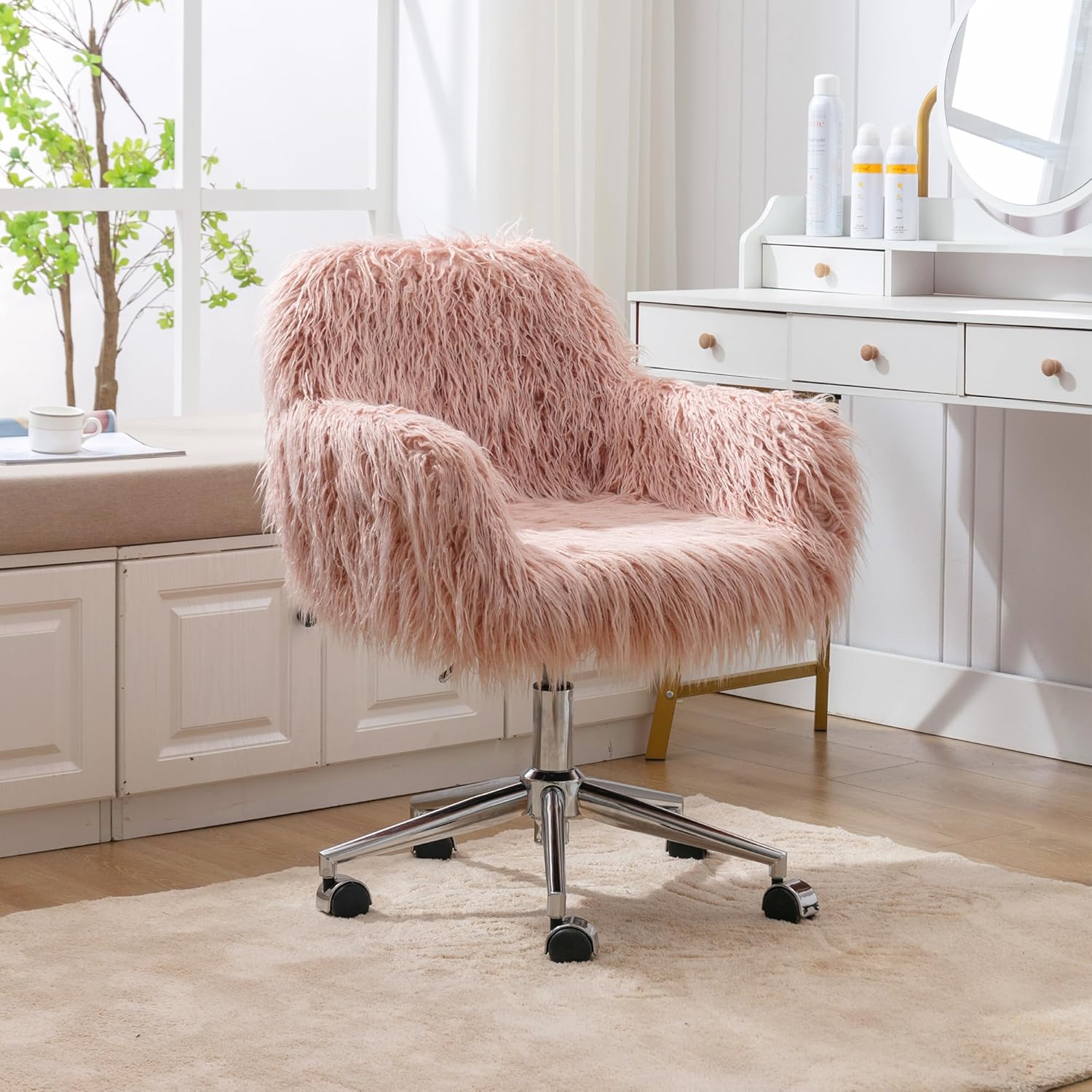 HomVent Silla de oficina moderna de piel sintética rosa, silla de tocador tapizada de piel sintética, silla de escritorio peluda con ruedas y base