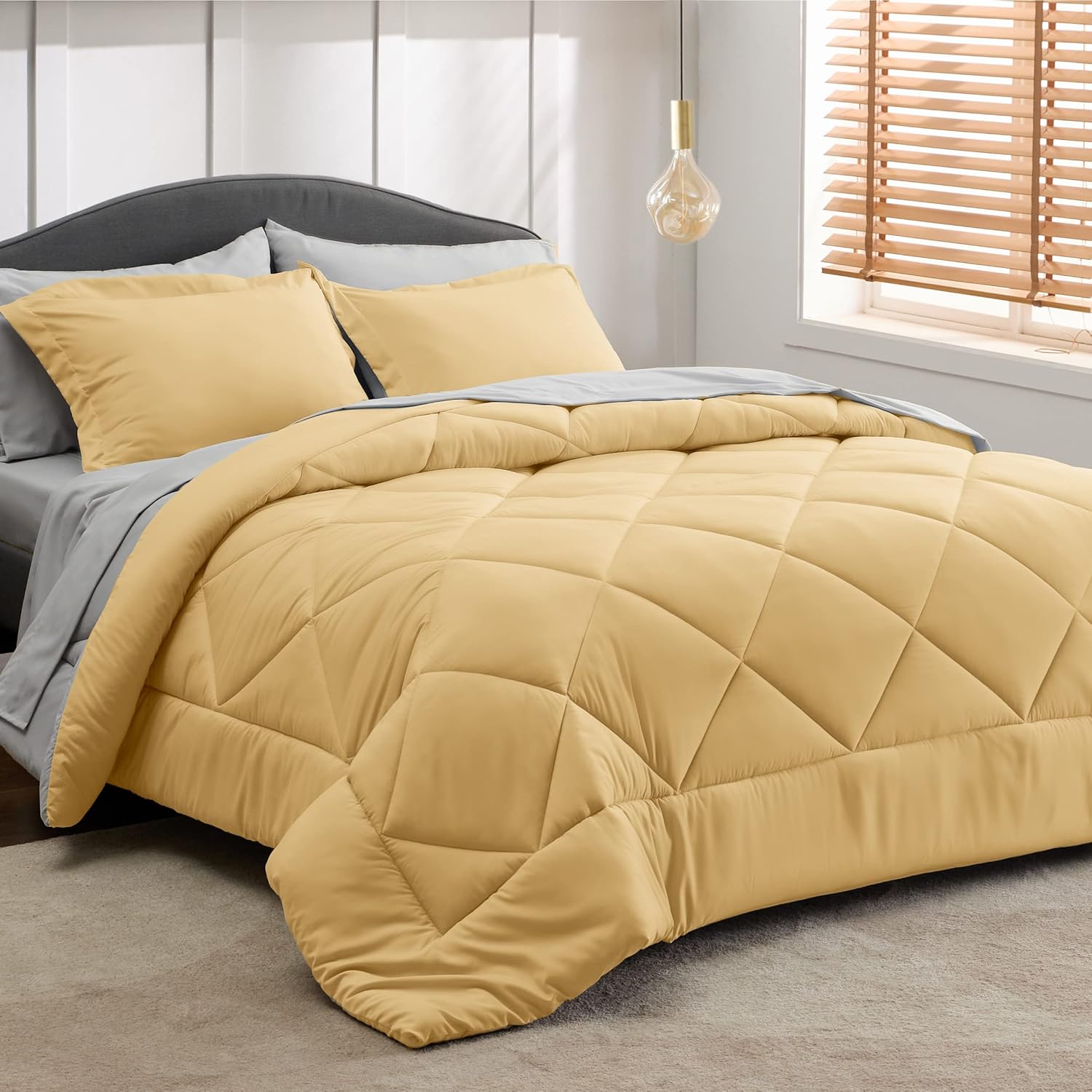 Bedsure Juego de edredón, tamaño individual XL, reversible, de 5 piezas, en una bolsa, con edredón, sábanas, fundas de almohada y fundas, amarillo