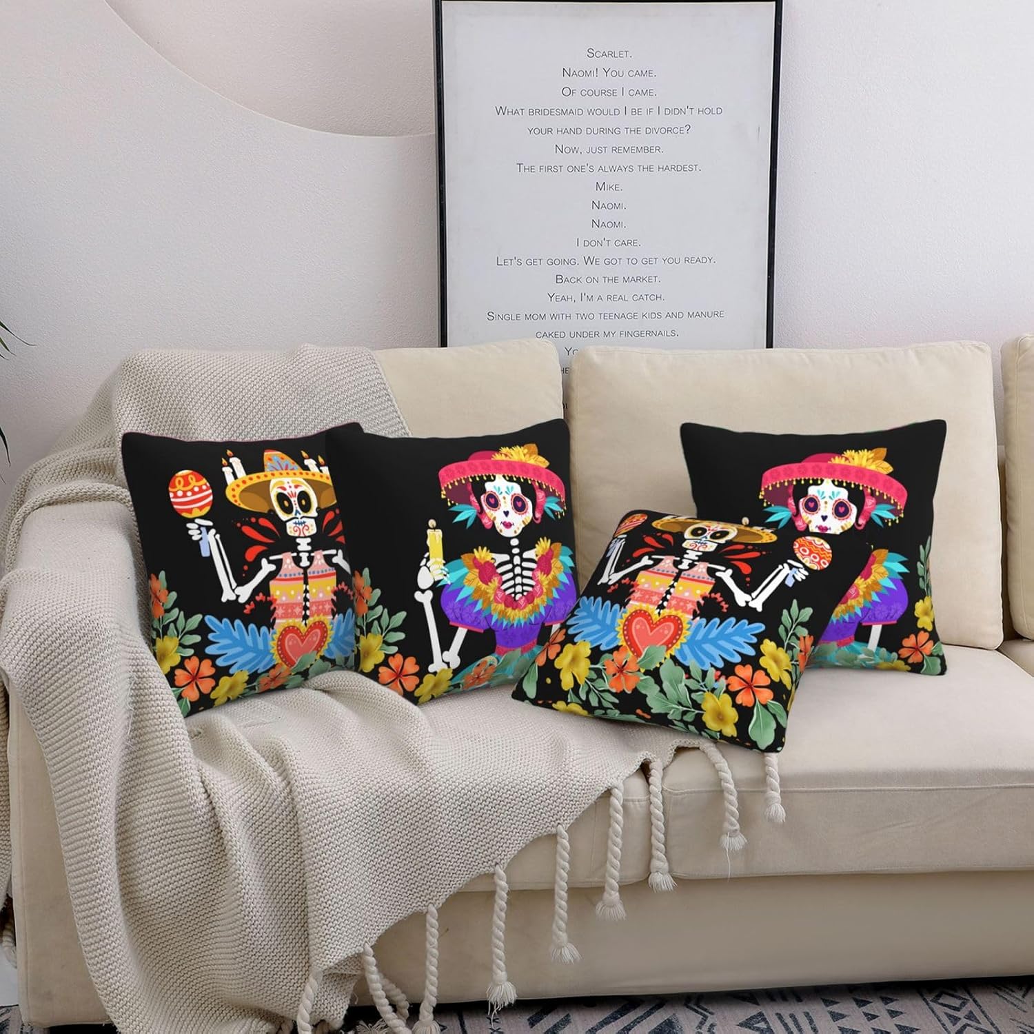 4 fundas de almohada mexicanas del Día de los Muertos, fundas de almohada con diseño de acuarela floral de calavera de azúcar, funda de cojín