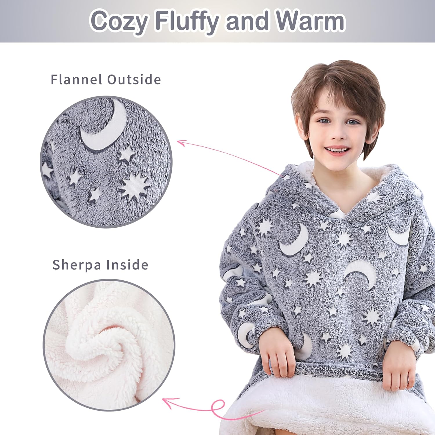Blanket Hoodie, Sherpa Fleece Wearable Blanket for Kids, Plush Flannel Hooded Blanket, Sweatshirt Gift with Giant Pocket
