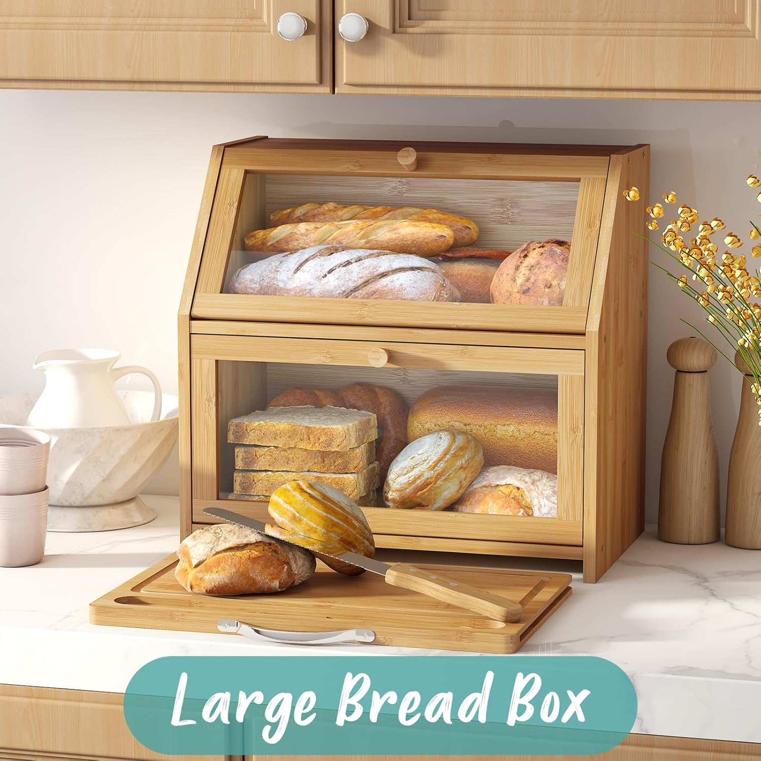 Panera grande con tabla de cortar, panera para encimera de cocina, panera de madera de bambú (panel de puerta transparente + tabla de cortar)