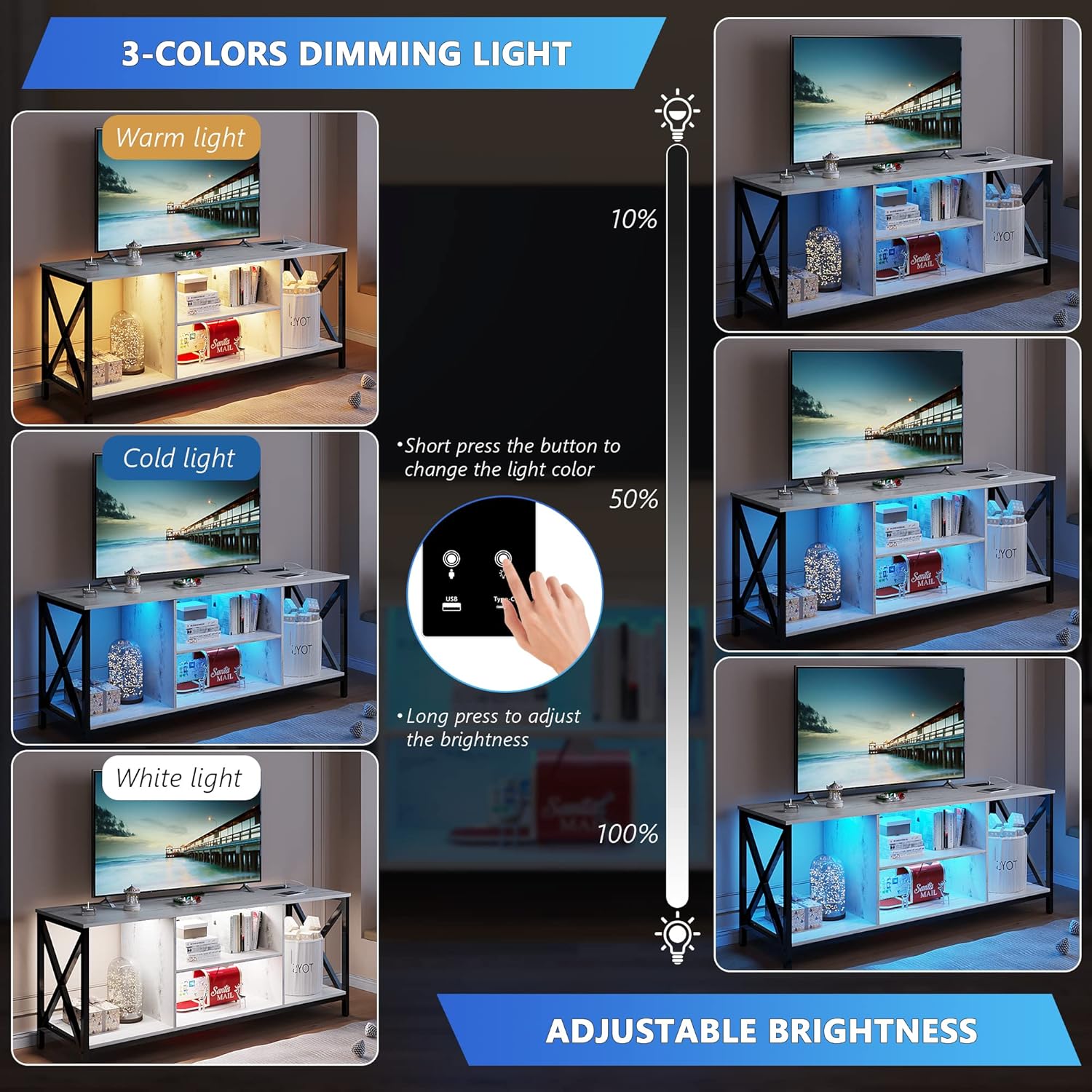 HNEBC Soporte de TV LED blanco con estación de carga USBinalámbrica, soportes de televisión con inducción automáticaluces LED ajustables, soporte de