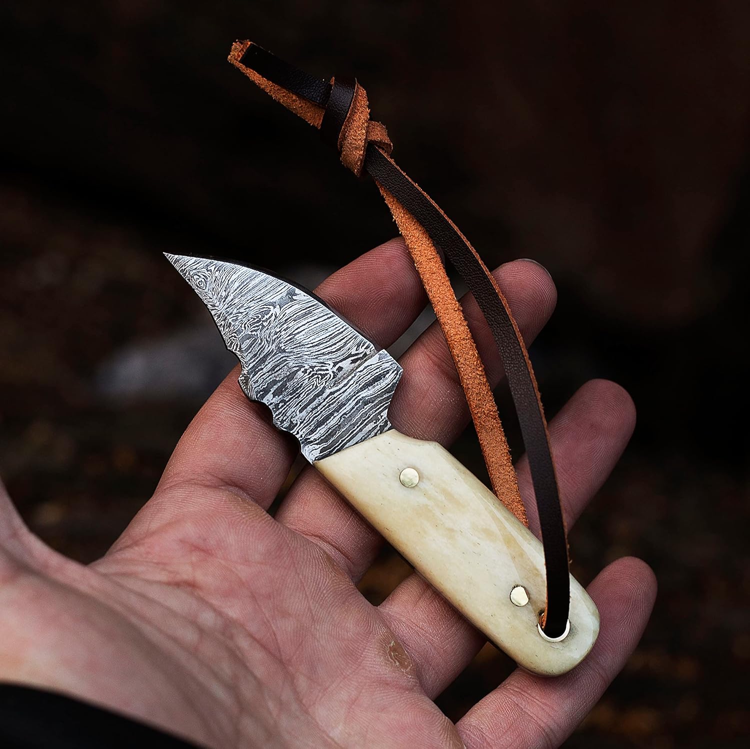 MEDIEVAL SUPPLIES Cuchillo EDC de acero de Damasco de 4.5 pulgadas, hoja fija mini para desollar, supervivencia, camping y entusiastas del aire