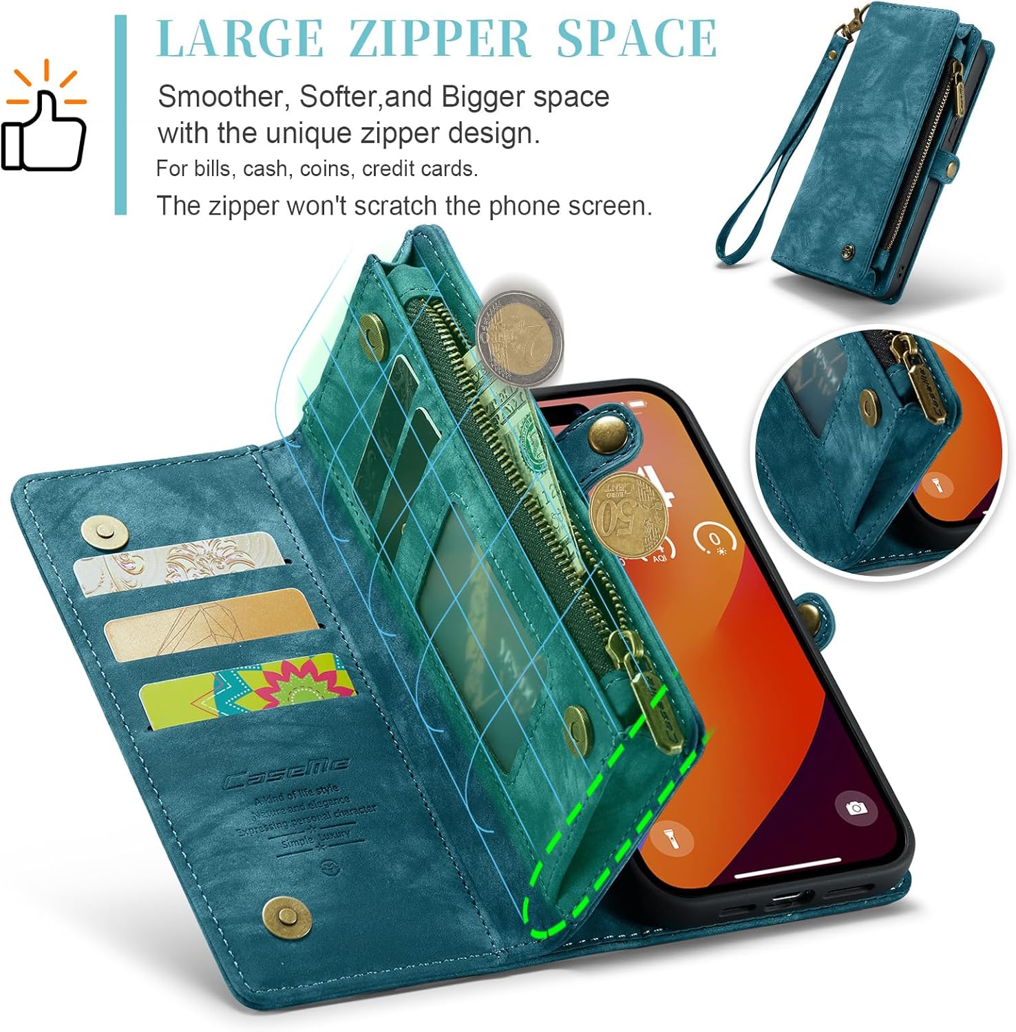 Kowauri Funda tipo cartera para iPhone 15 Pro, cartera de piel con cremallera y soporte para tarjetas, correa para la muñeca, desmontable,