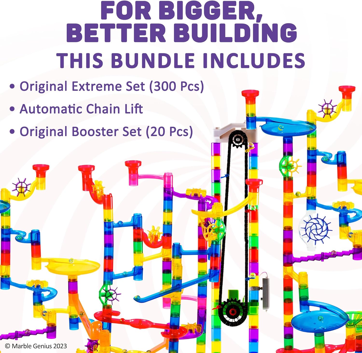Marble Genius Bundle Extreme Set (300 piezas), elevación automática de cadena y, juego de refuerzo primario (20 piezas), pista de laberinto o juegos