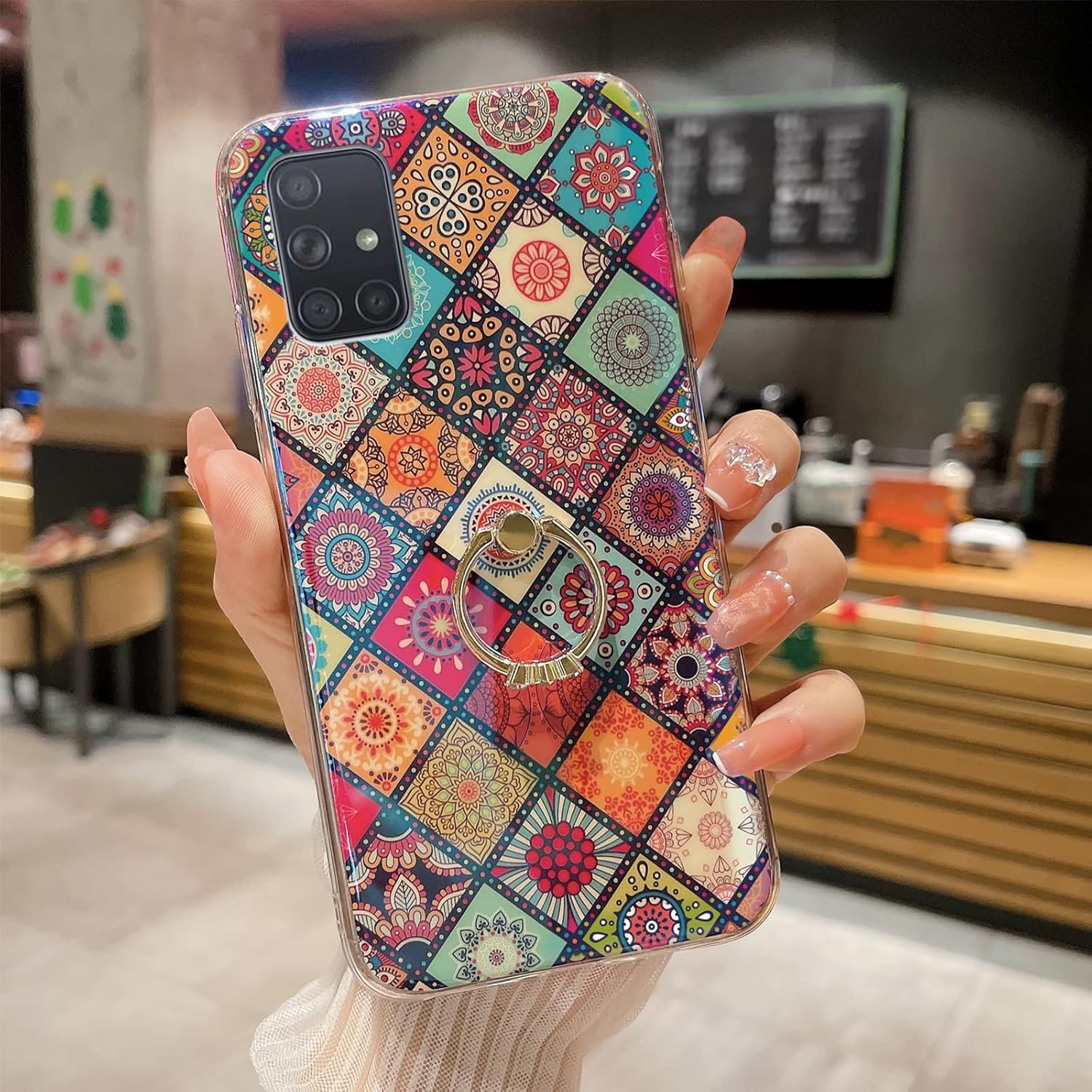 Funda para Samsung A71 5G Retro Floral Slim Linda Caso a prueba de golpes Cubierta de protección para Adolescentes Niñas Mujeres con Anillo Dorado