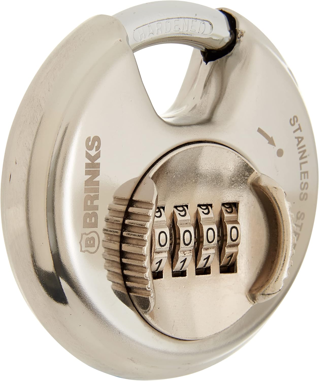 BRINKS – Candado de disco con llave de acero inoxidable comercial de 2.756 in – Cuerpo de acero inoxidable con grillete de acero inoxidable y