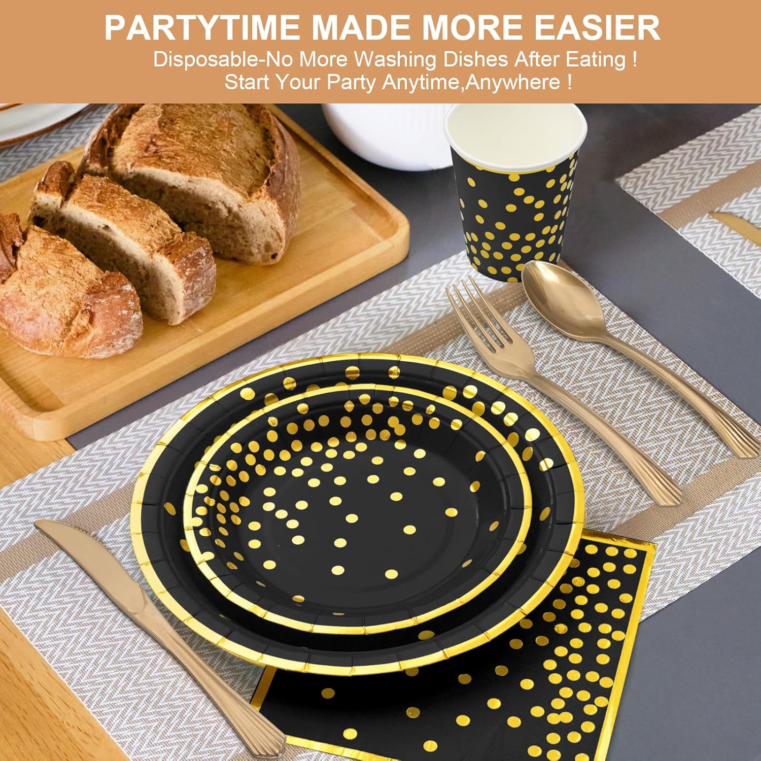 CENLBJ Black and Gold Party Supplies-Golden Dot Paper Plates,Black Napkins&Cups and Plastic Utensils,Gold Rim Disposable Paper Tableware for