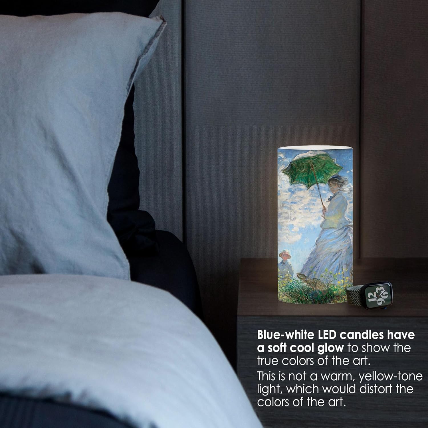 RainCaper Luz LED parpadeante sin llama de 6 pulgadas de cera de pilar  Artist Monet  Mujer con sombrilla  Funciona con pilas  Control remoto con