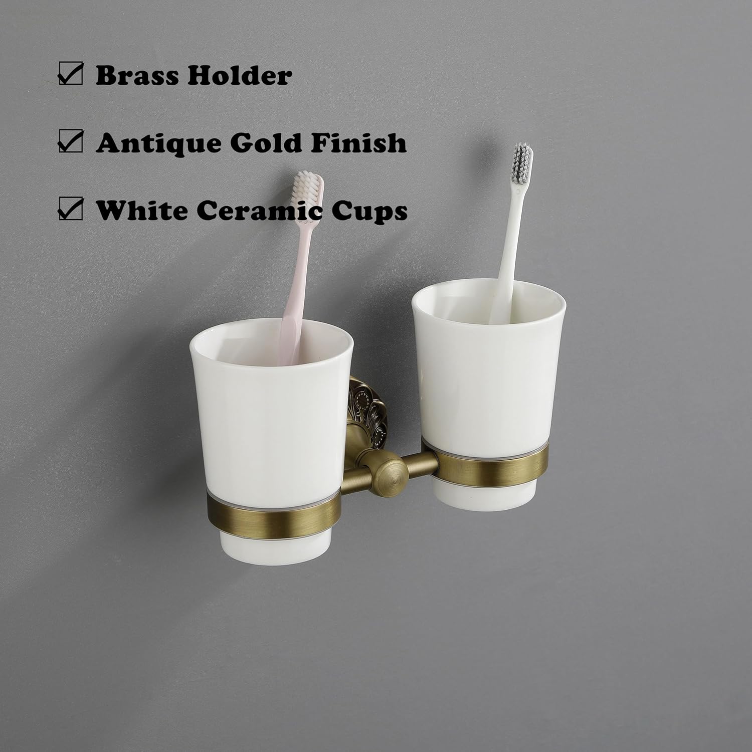 Soporte doble para cepillos de dientes montado en la pared, soporte para enjuague bucal para pared de baño, soporte de latón antiguo y dos tazas de