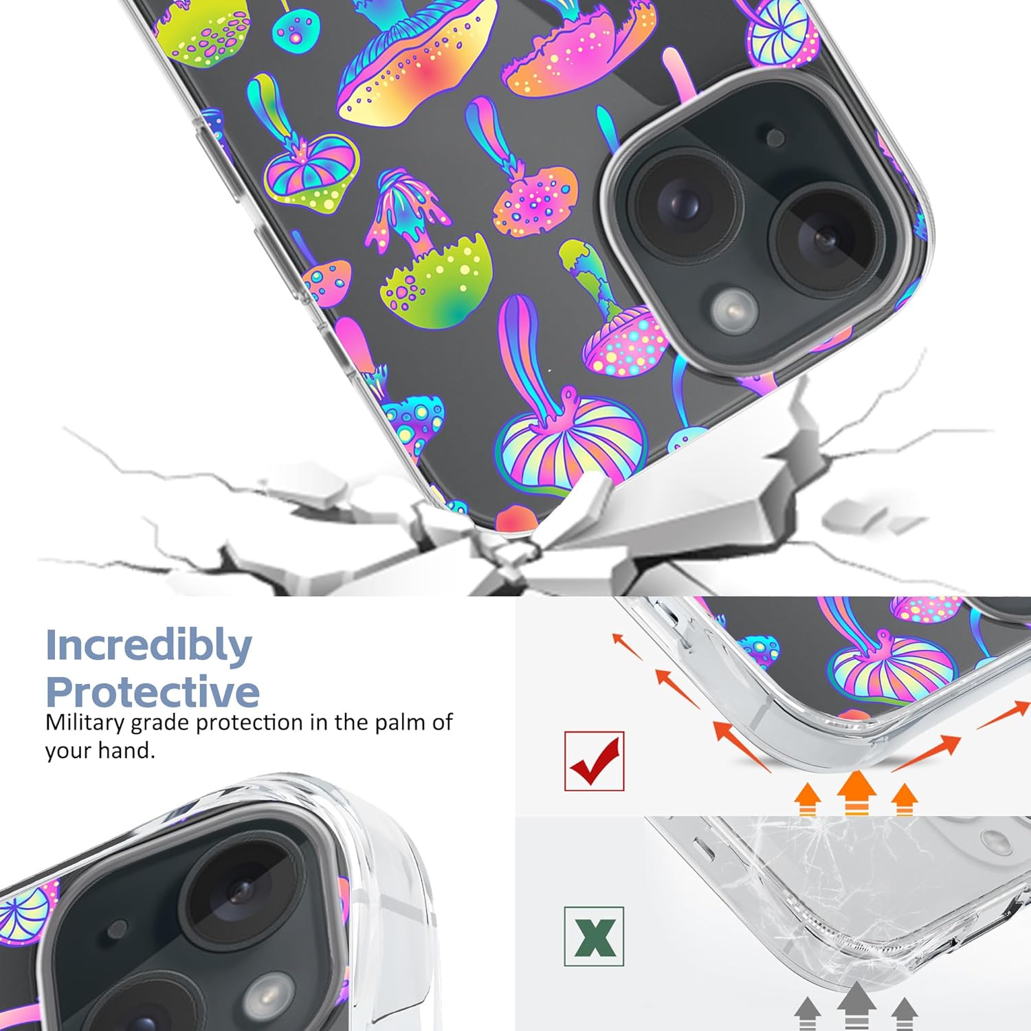 Funda diseñada para iPhone 15 Plus, diseño de hongos psicodélicos mágicos, funda transparente de hongos coloridos hippies para iPhone 15 Plus, a