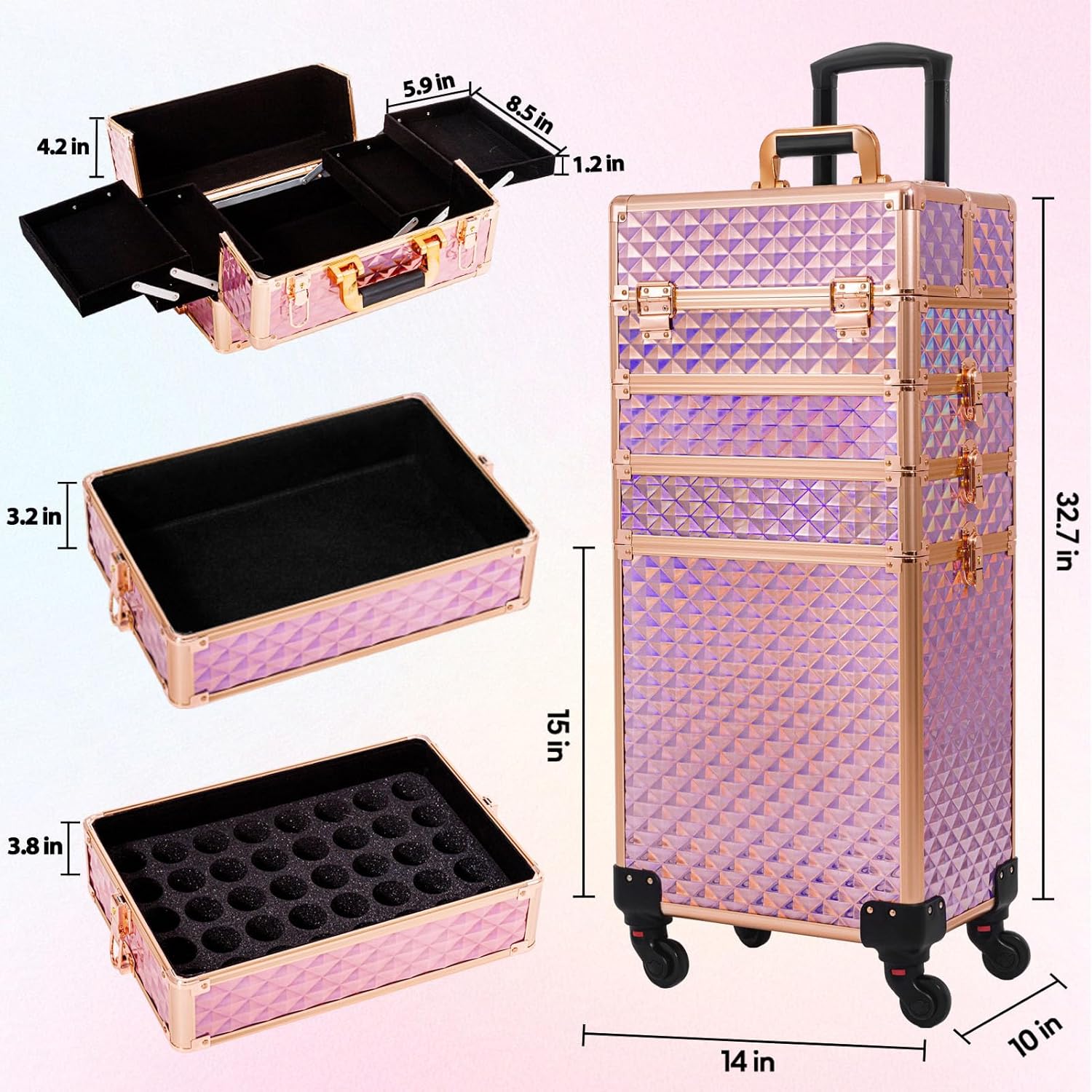 Maletín de tren de maquillaje rodante, carrito de cosméticos de gran capacidad, 4 en 1, estuche de viaje de maquillaje con ruedas giratorias para