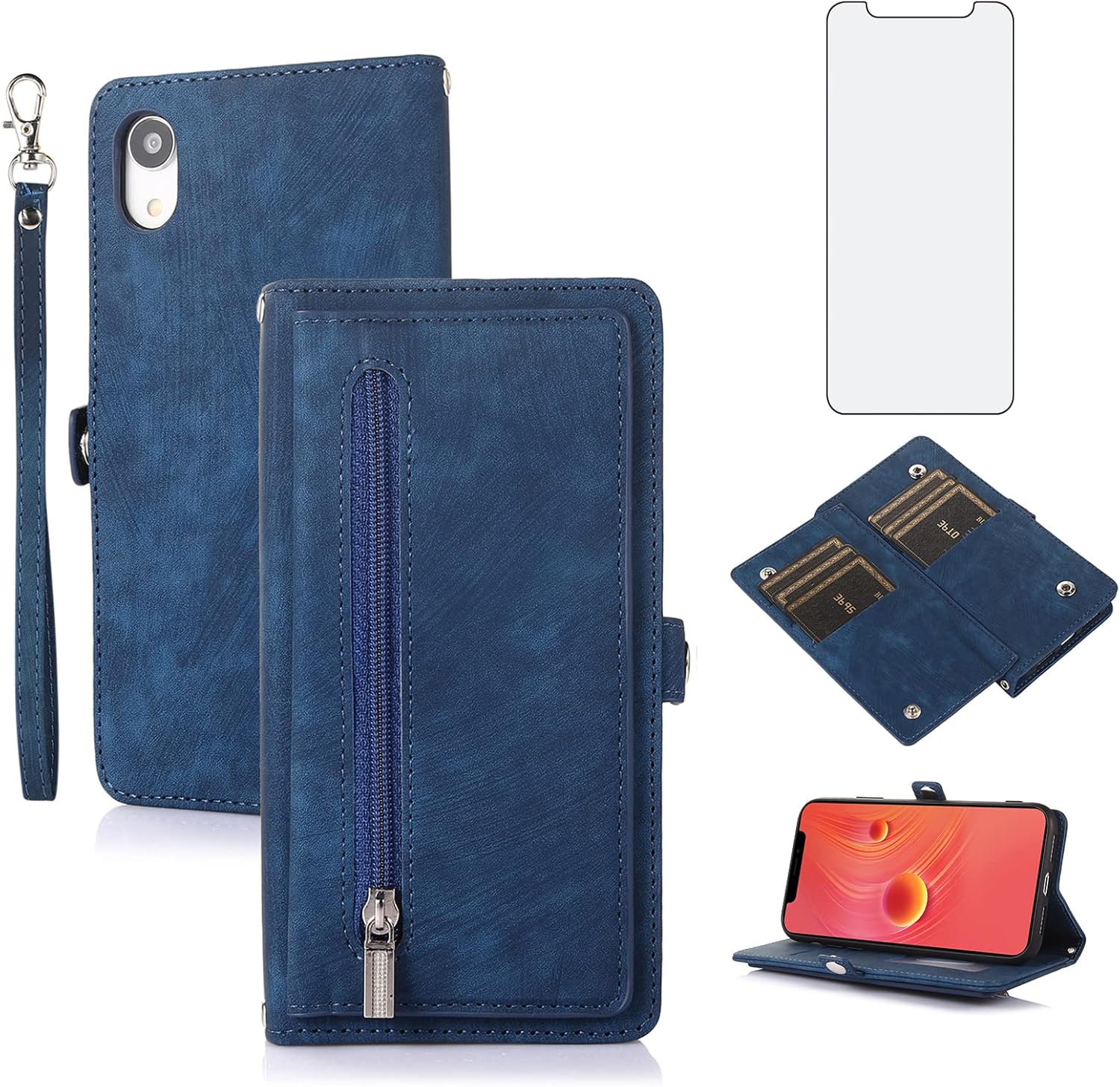Asuwish Funda de teléfono para iPhone XR 6.1 con protector de pantalla de vidrio templado y cremallera abatible de cuero para tarjeta de crédito