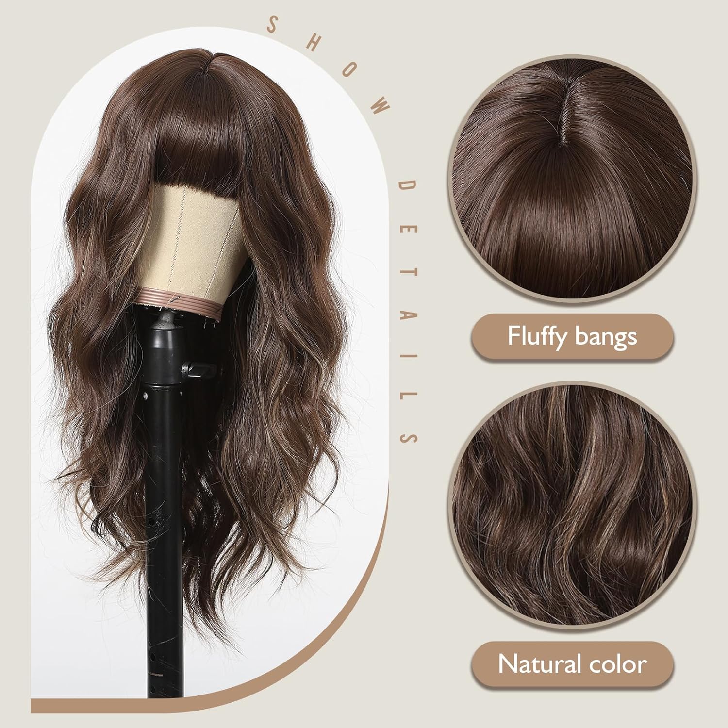 Pelucas marrones con flequillo, pelucas largas onduladas para mujeres, rubio, reflejos, peluca larga y ondulada, pelucas de pelo sintético para