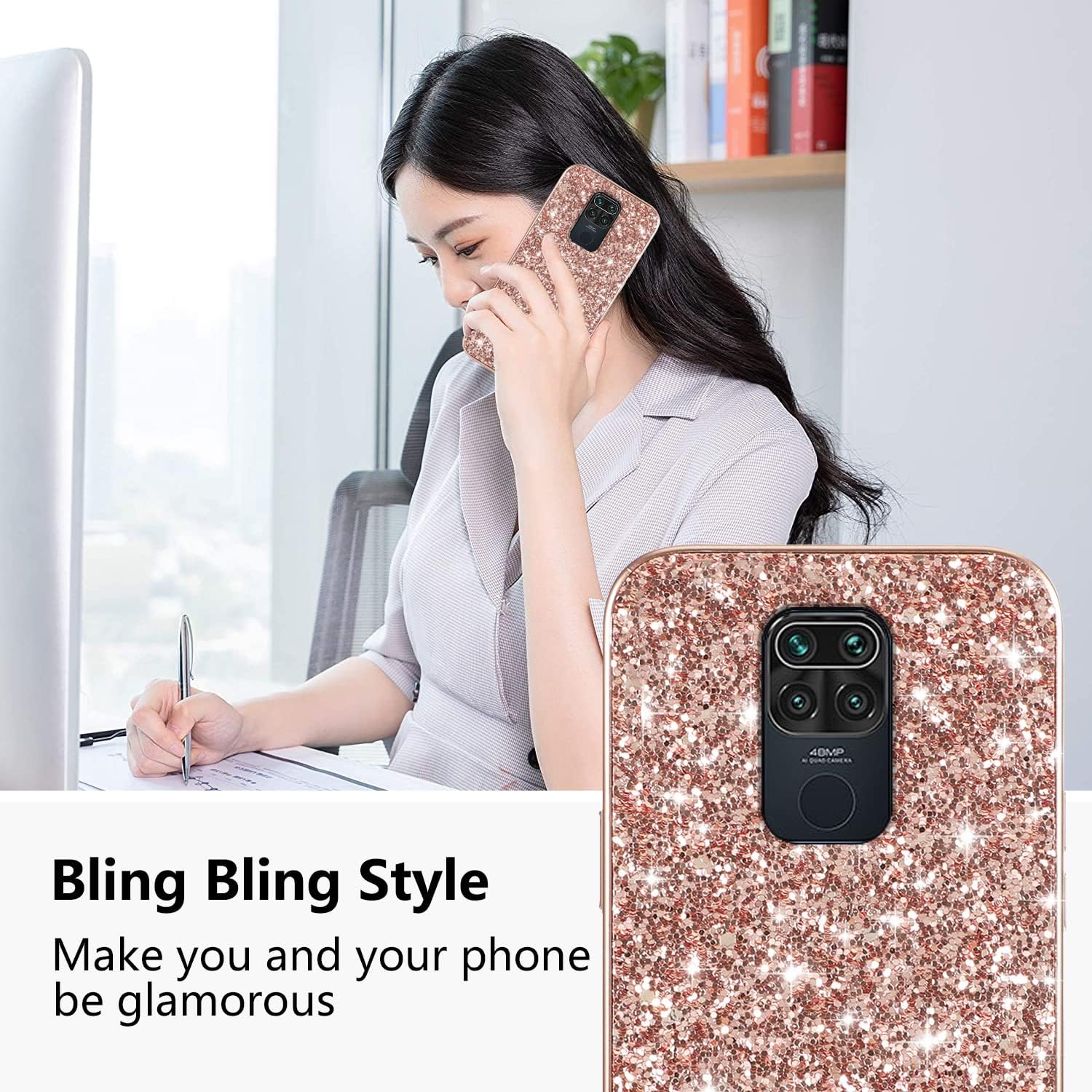 Funda compatible con Xiaomi Redmi Note 9 con purpurina a prueba de golpes, Redmi Note 9, funda protectora delgada de TPU suave y policarbonato de