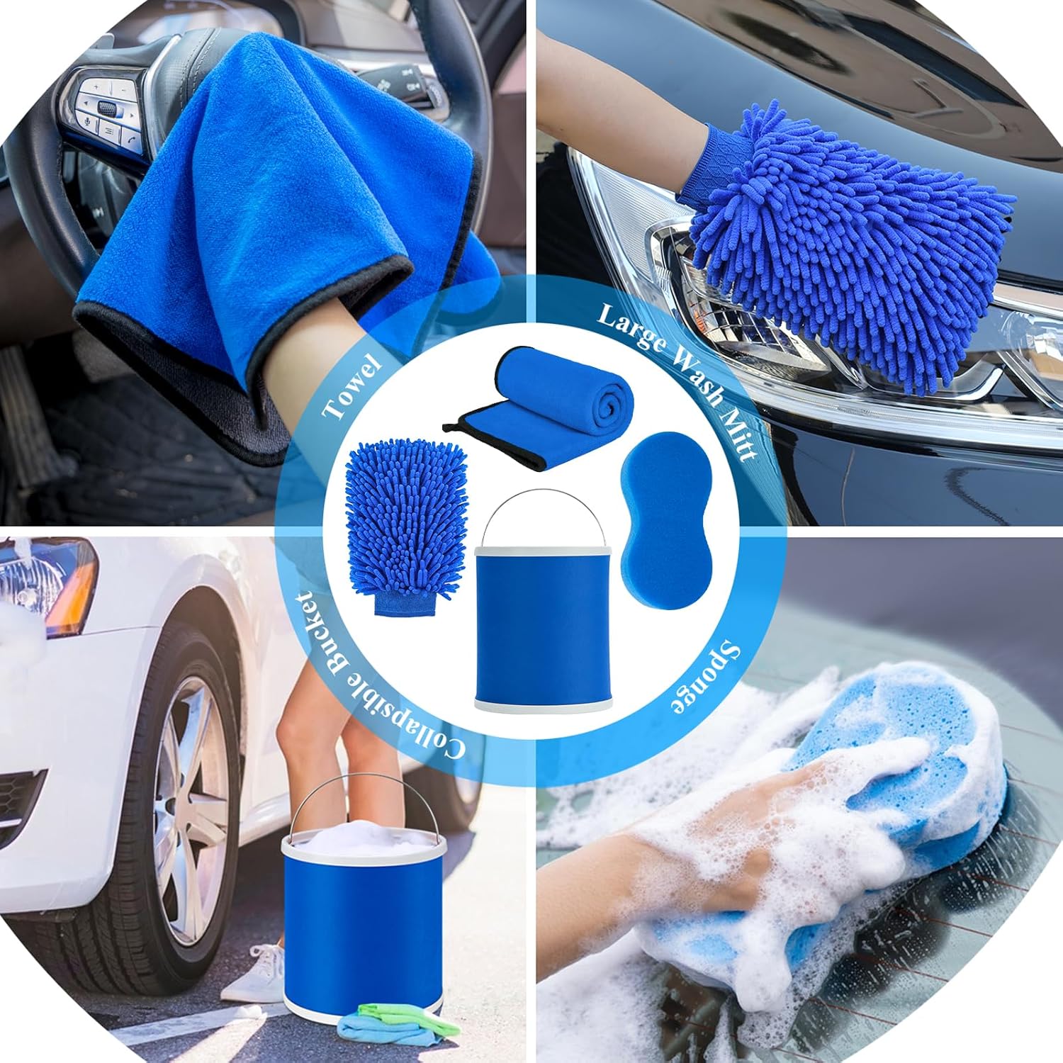 AUTODECO Kit de limpieza de lavado de barco de 13 piezas con kit de cepillo de taladro de cubo plegable, almohadillas de fregar, esponja de lavado,