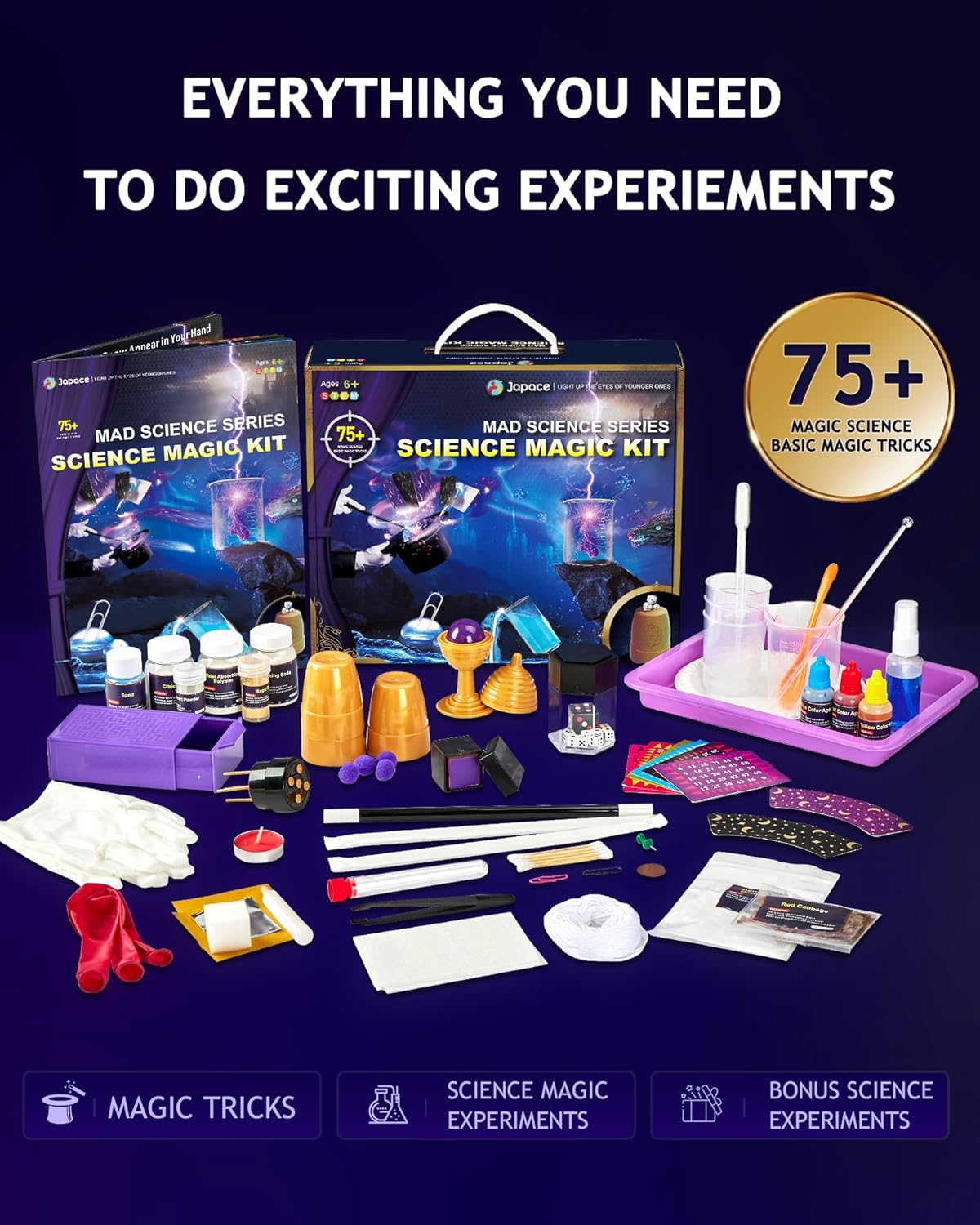 Japace Kit de magia y kits de ciencia para niños de 6 a 8 a 10 a 12 años, más de 75 trucos de magia y experimentos científicos, juegos de química