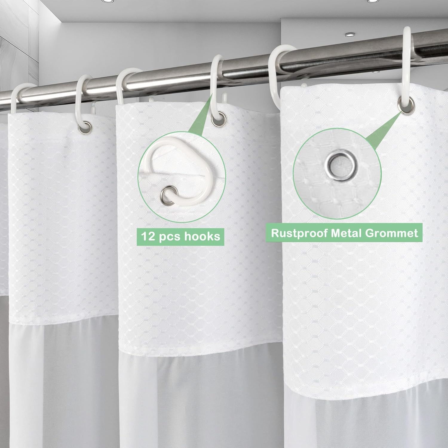 UFRIDAY Cortina de ducha de tela de punto gofre con pantalla de malla filtrante de luz, cortinas de baño blancas de hotel, 71 x 74 pulgadas