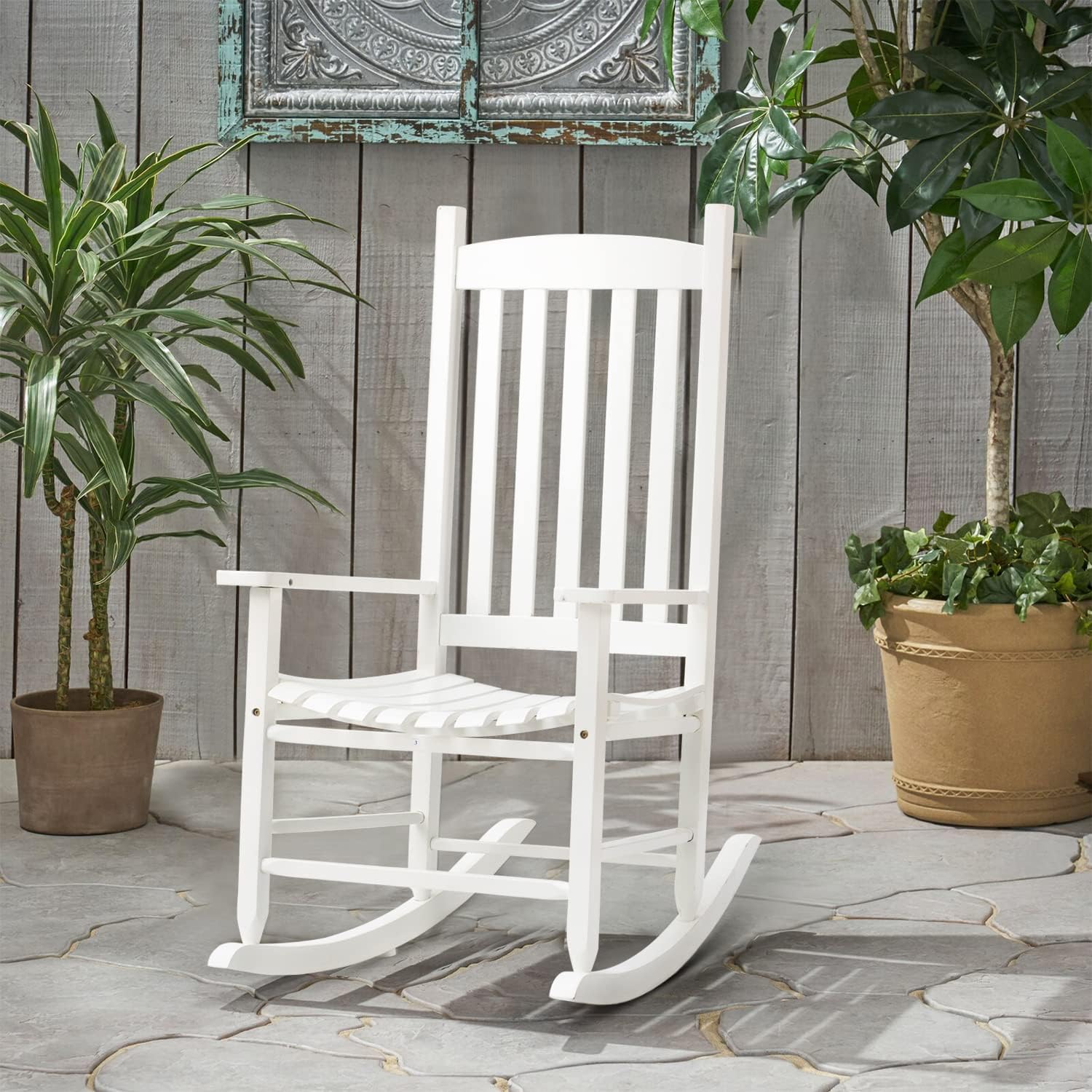 Mecedora para patio al aire libre, mecedora de porche con respaldo alto y pasamanos, cómoda y duradera, soporta peso de 243 libras, silla mecedora