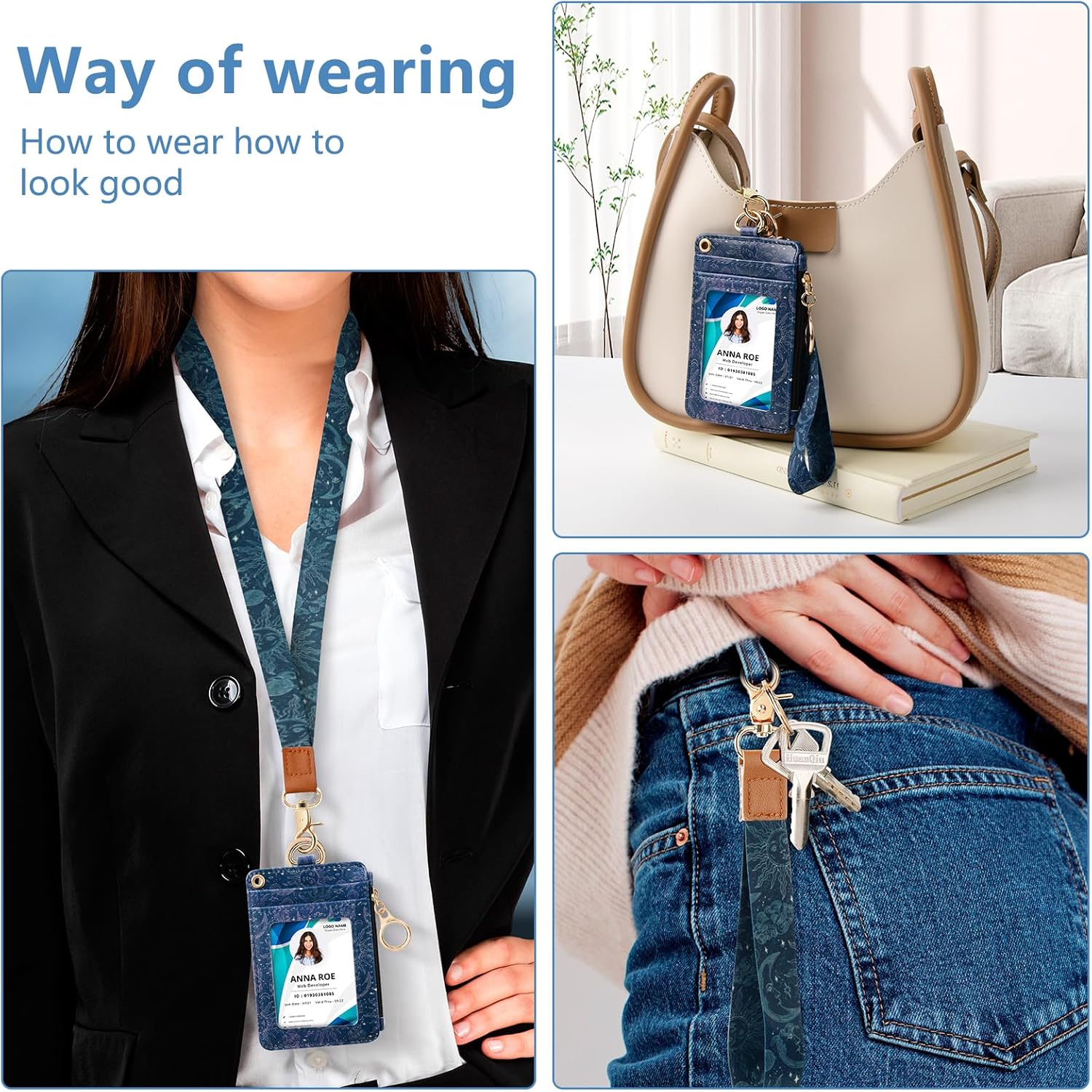 Cartera con cordón para tarjetas de identificación con cordones y correa para la muñeca, funda con bolsillo con cremallera para mujeres, hombres y