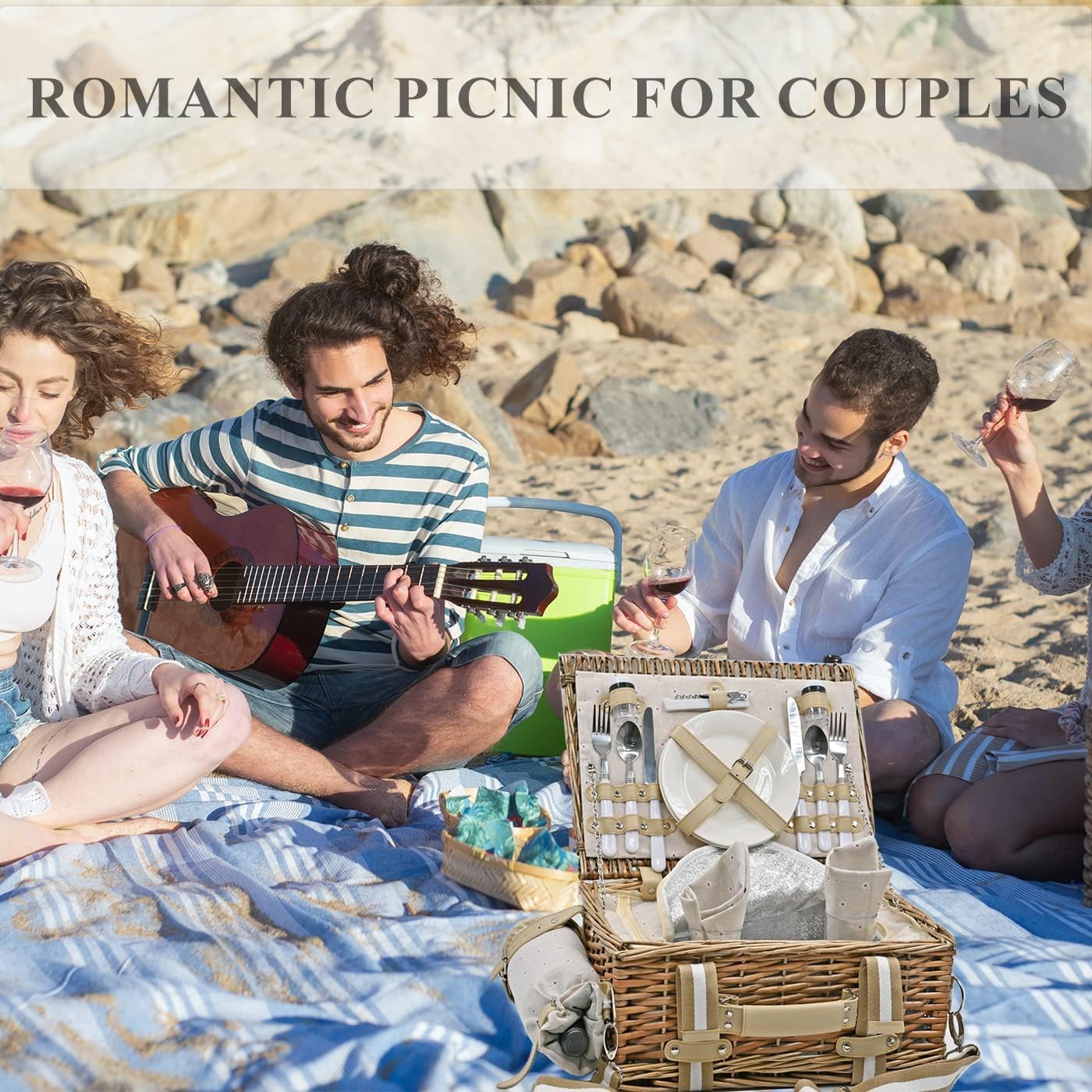 19 cestas de picnic para 2 personas con forro aislante y bolsa de vino impermeable para manta de picnic, gran cesta de picnic de mimbre para