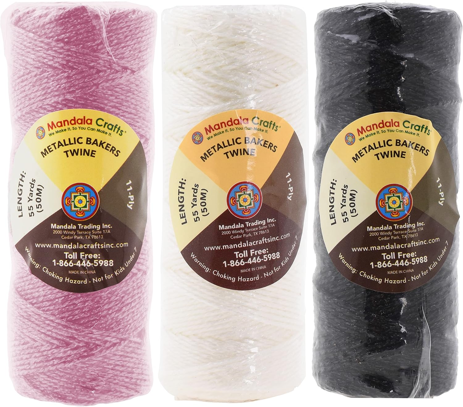 Mandala Crafts Cordel metálico negro y blanco rosa para envolver regalos, 11 capas de 165 yardas, cuerda decorativa para panaderos, manualidades,