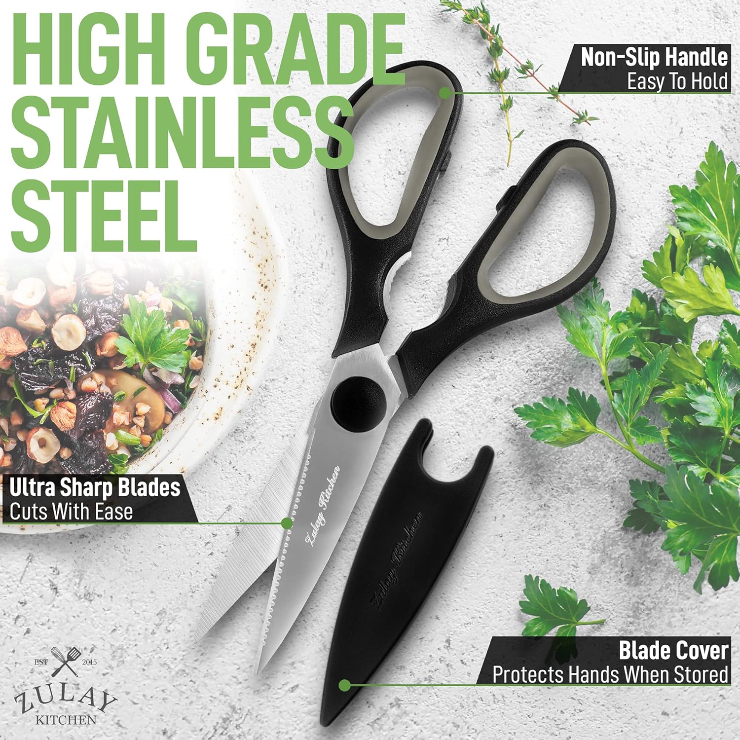 Zulay Kitchen Tijeras de cocina de acero inoxidable ultra afiladas con cubierta protectora, tijeras multiusos para alimentos y carne para aves,