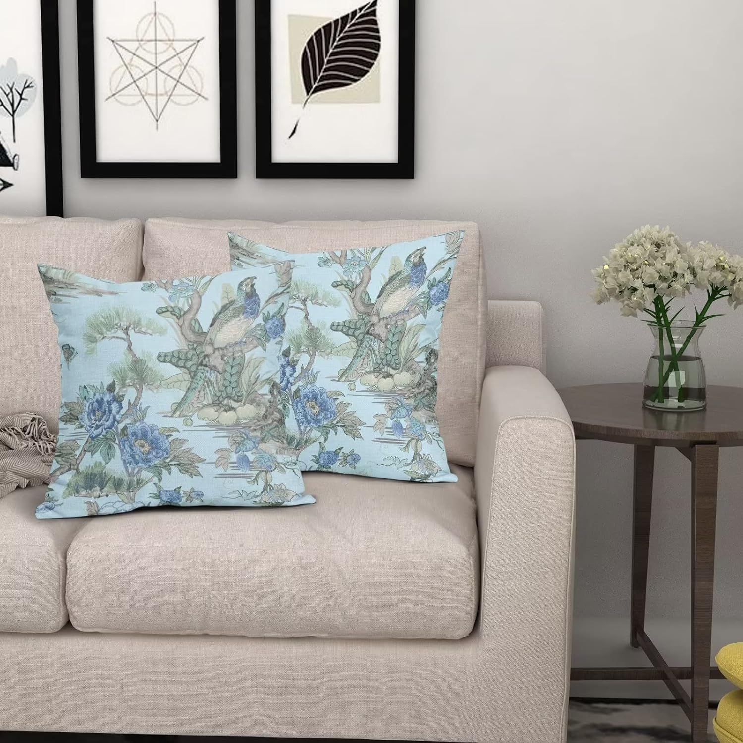 Juego de 2 fundas de almohada de 18 x 18 pulgadas con diseño de flores azules y pájaros, fundas de almohada decorativas de lino con acuarela