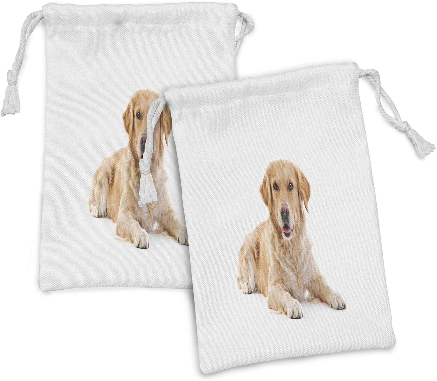 Ambesonne Golden Retriever Fabric Pouch Set of 2, Young Pedigree Puppy Laying over White Background Dog, Small Drawstring Bag for Toiletries Masks