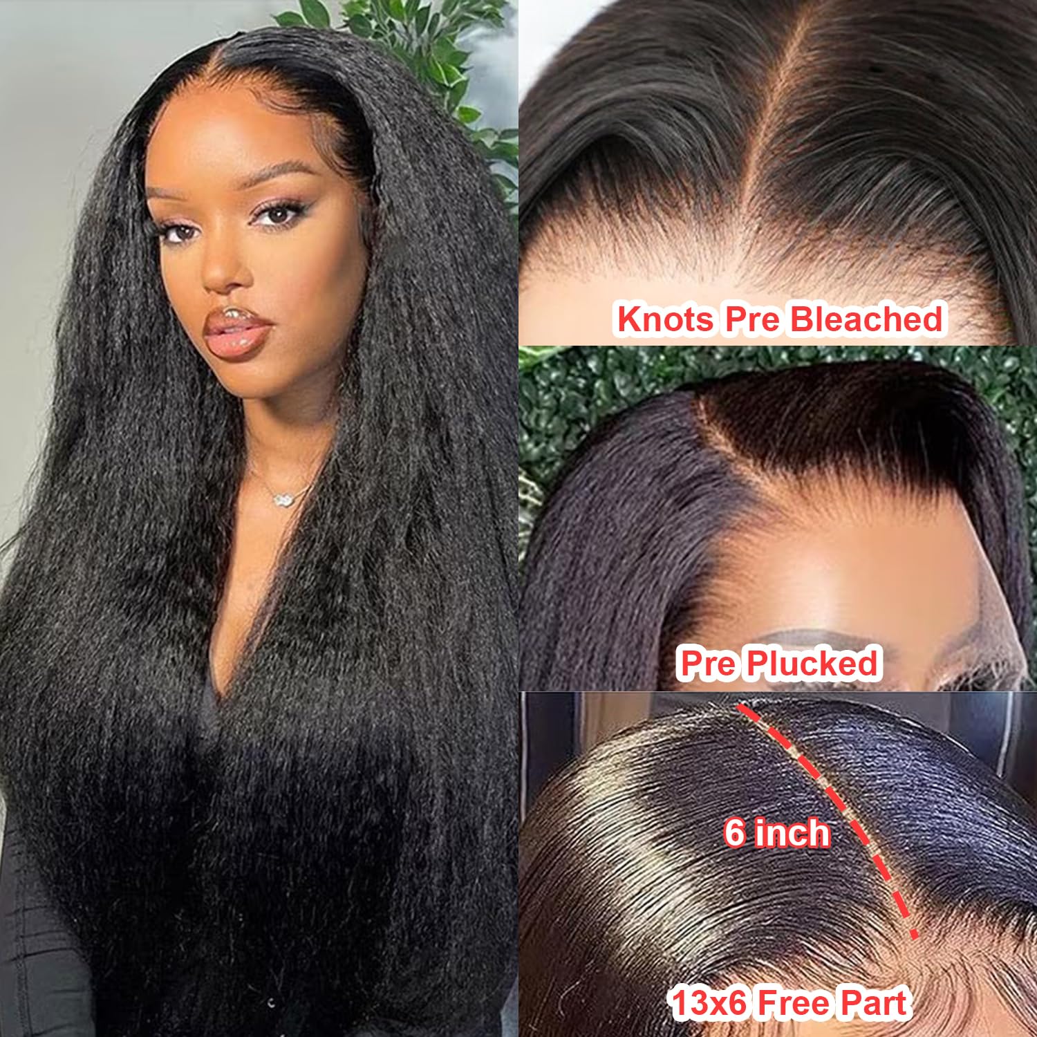 BLY Pelucas de cabello humano con encaje frontal sin pegamento para mujer, 13 x 6 pulgadas, nudos preblanqueados, peluca de cabello humano Yaki,