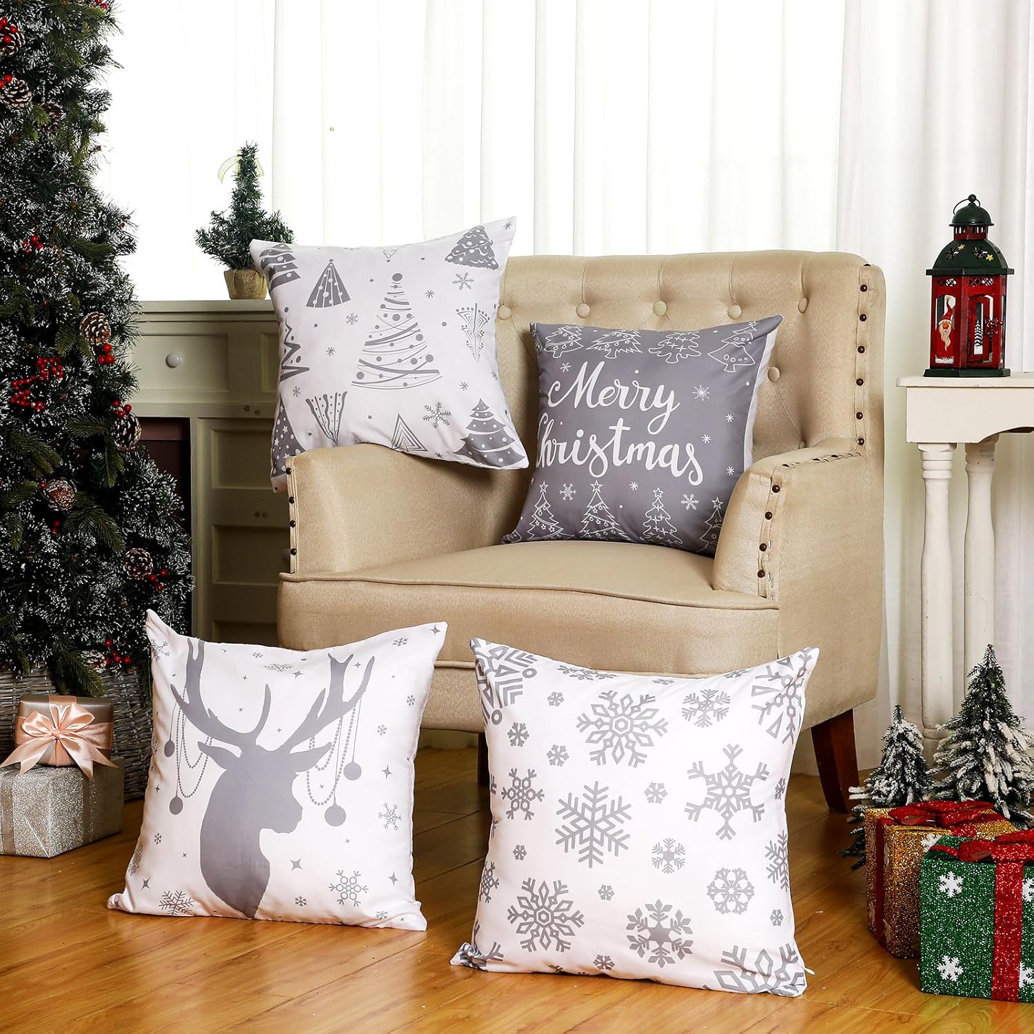 6 fundas de almohada de Navidad de 18 x 18 pulgadas, fundas de almohada de Navidad, fundas de almohada de invierno con copos de nieve, decoración