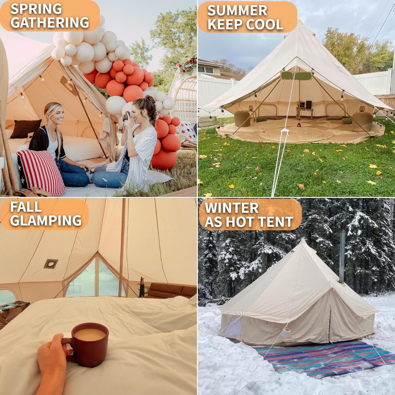 DANCHEL OUTDOOR Tienda de campaña impermeable con gato de estufa, mosca de lluvia para 4 estaciones, lona de huella de tienda de yurta para 4